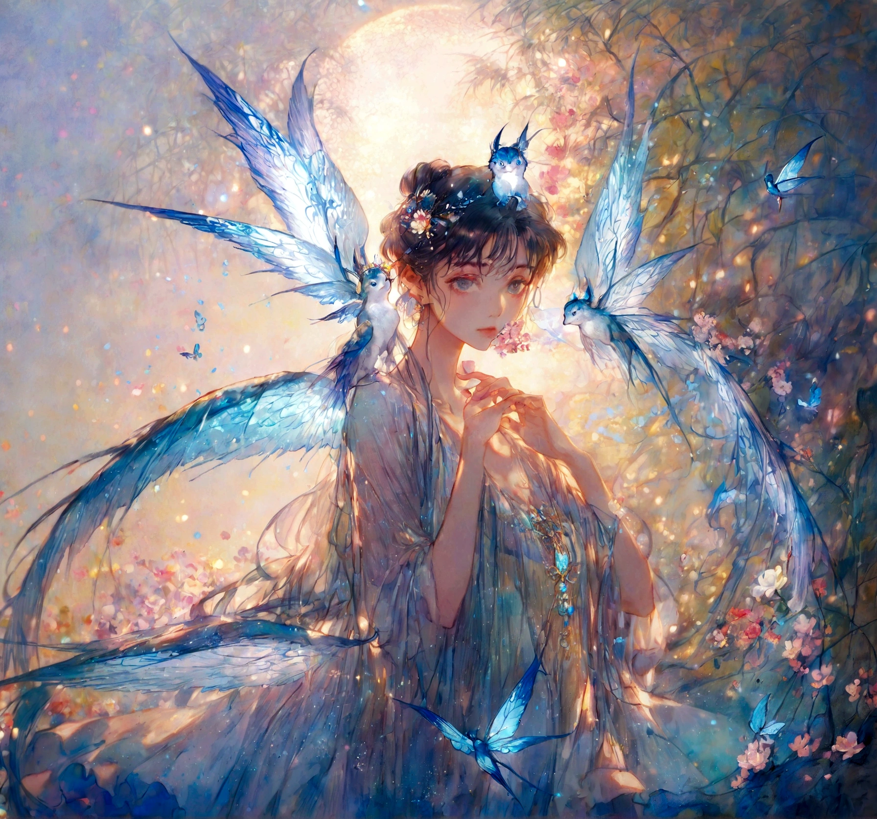 In a flowery glade、Wearing a gorgeous dress with colorful translucent wings、Hall々A beautiful and sensual fairy, Glowworms, (Arkan Nayle:1.4), (Written by William Turner:1.2), (Claude Monet:1.2), (Henry Asensio:1.1), (Edgar Degas:1.1), (Pierre-Auguste Renoir:1.1), (By Gustav Klimt:1.1), (By Alphonse Mucha:1.1), Art Nouveau, Golden Hour, Front lighting, Side lighting, amazing, dramatic, dynamic, Mythical, Legendary, Mysterious, dream-like, movieのような写実的な, 8K UHD Natural Light, born, rich, Intricate details, Key Visual, Atmospheric lighting, 35mm Photography, movie, Bokeh, Professional, 4K, Very detailed