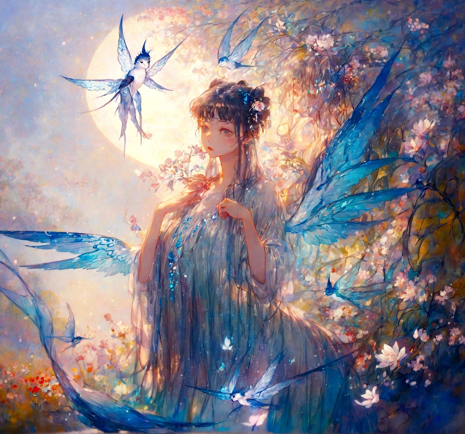 In a flowery glade、Wearing a gorgeous dress with colorful translucent wings、Hall々A beautiful and sensual fairy, Glowworms, (Arkan Nayle:1.4), (Written by William Turner:1.2), (Claude Monet:1.2), (Henry Asensio:1.1), (Edgar Degas:1.1), (Pierre-Auguste Renoir:1.1), (By Gustav Klimt:1.1), (By Alphonse Mucha:1.1), Art Nouveau, Golden Hour, Front lighting, Side lighting, amazing, dramatic, dynamic, Mythical, Legendary, Mysterious, dream-like, movieのような写実的な, 8K UHD Natural Light, born, rich, Intricate details, Key Visual, Atmospheric lighting, 35mm Photography, movie, Bokeh, Professional, 4K, Very detailed
