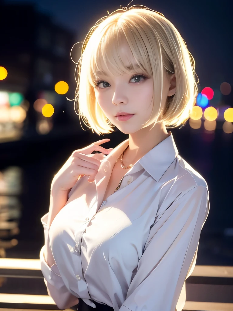 Curly Bob Cut, Realistic, A platinum-haired woman in an orange collared shirt poses for a photo in the city, High definition,High resolution, 8K Art Jam Bokeh, well-proportioned body, 美しいJapanese women, Gorgeous Necklace, 美しい若いJapanese women, Soft Portrait Shot 8k, Japanese Girls, Double eyelids and narrow eyes, beautiful grey eyes, 8K, Cute young woman, Japanese women, Beautiful blonde girl