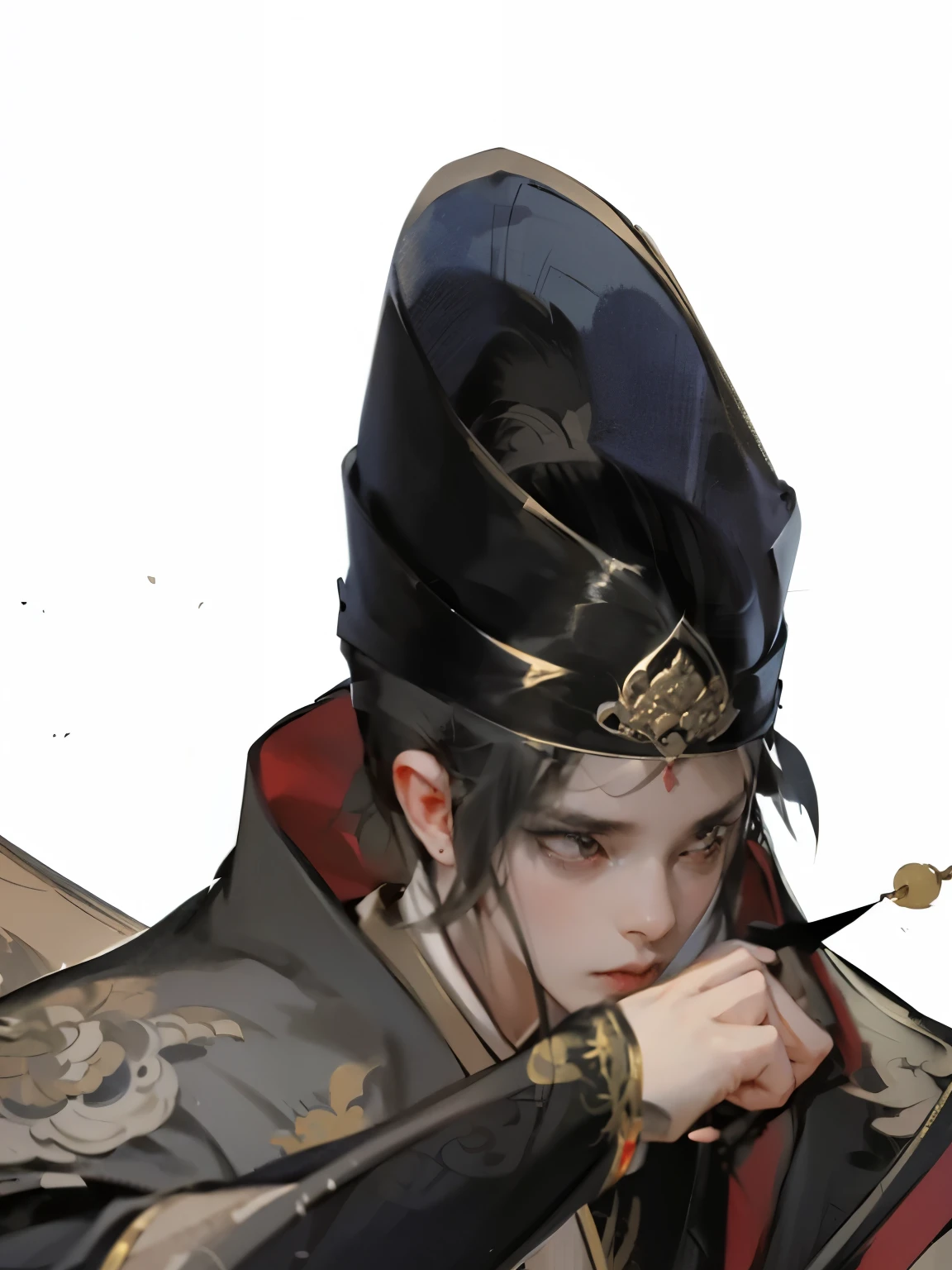 high quality, ，Meticulous portrayal，Clear structure，Clear structure的，Precise construction，，Flying fish suit，Chinese style clothing，Stylish cut，Head down，Wiping the corner of mouth，Refinement