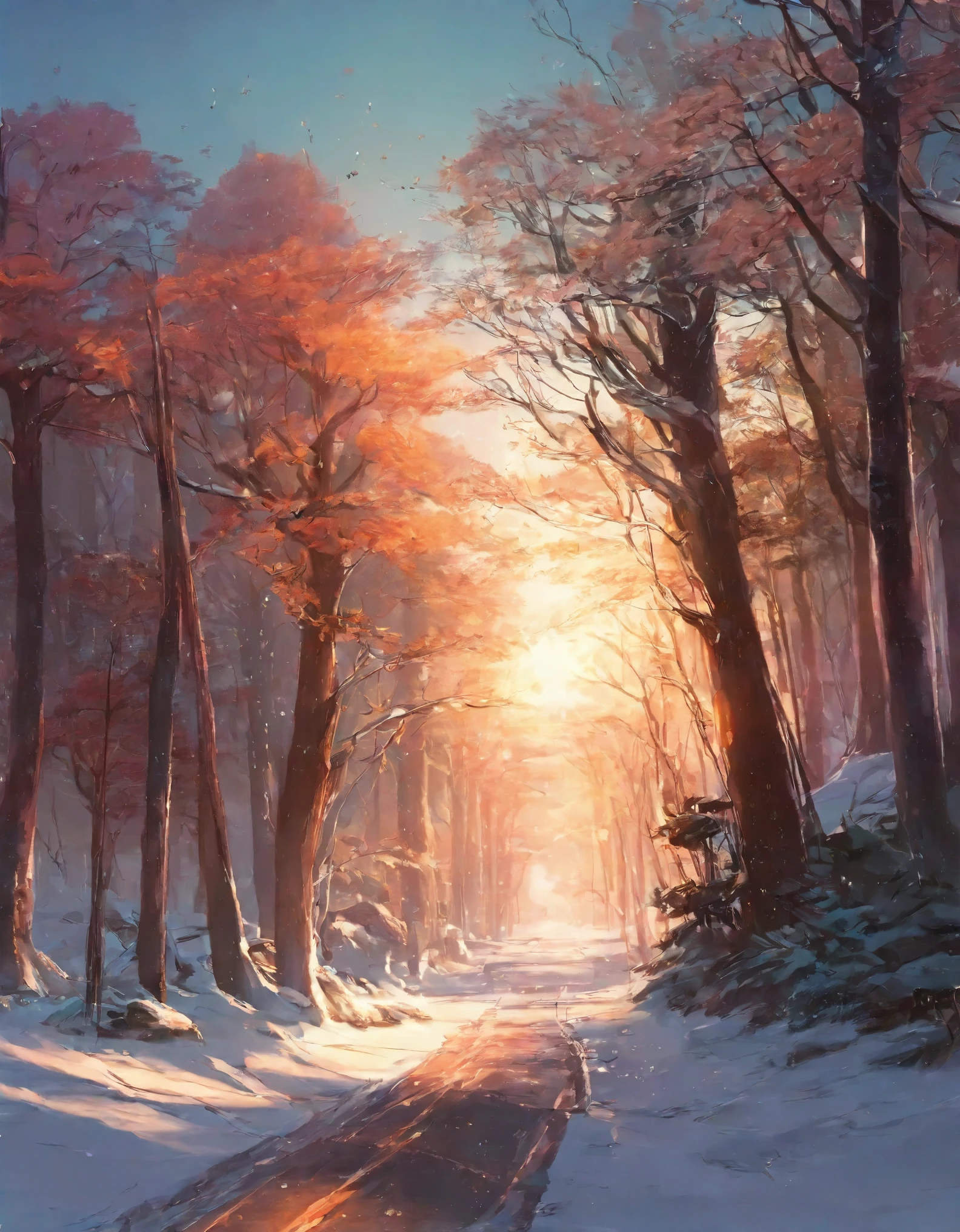  a snowy path in the woods, snowy. by makoto shinkai, ross tran. scenic background, beautiful anime scene, by sylvain sarrailh, winter concept art, beautiful anime scenery, beautiful concept art, anime nature, anime nature wallpap, snow forest, environment art, cold colors. insanely detailed