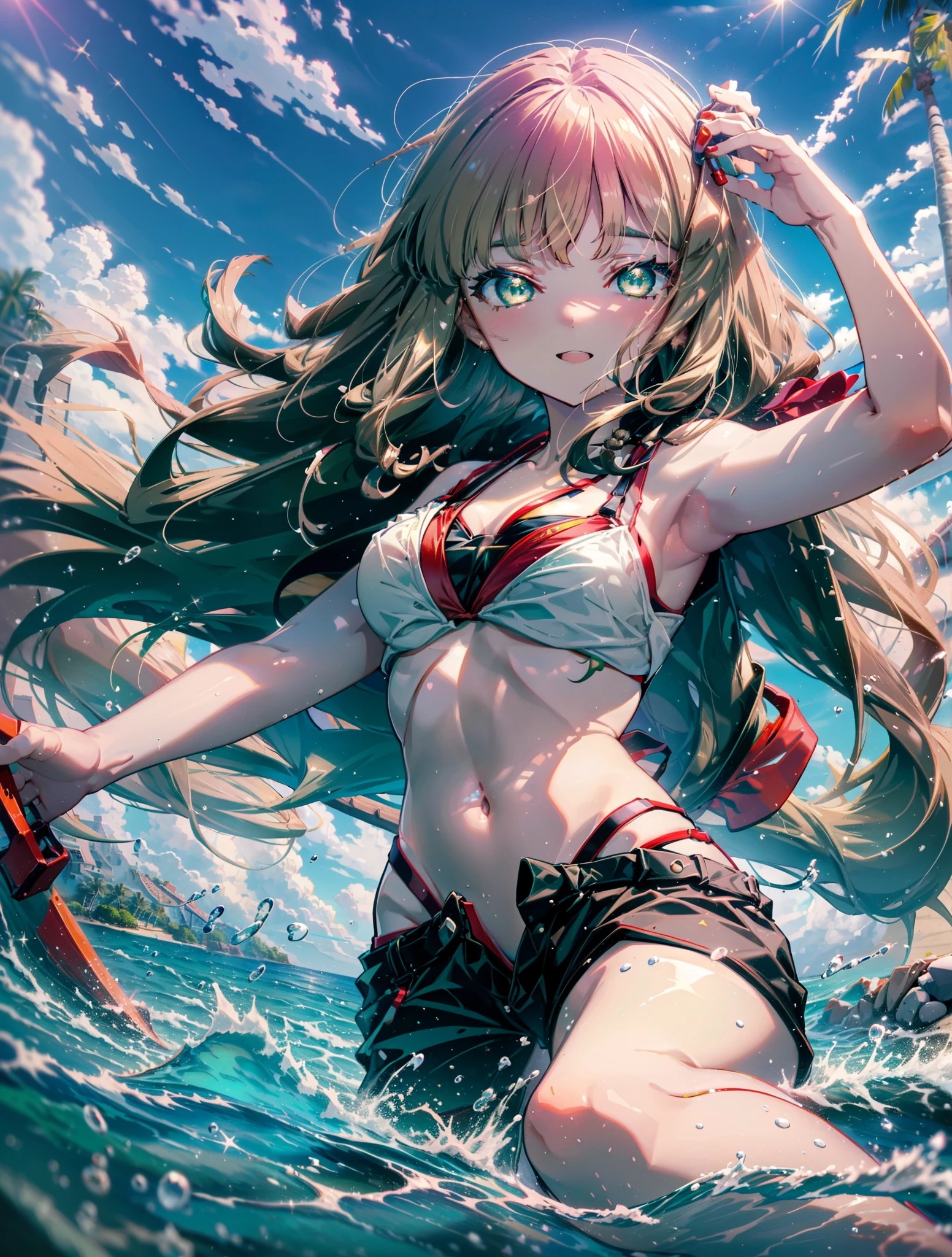 minami yume ,sss Dynazenon ,Long Hair, Brown Hair, (Green Eyes:1.5) ,Long braids,happy smile, smile, Open your mouth,belly button,Red Bikini Swimsuit,barefoot,Red belly dancer,A long, bright red blanket is wrapped around his waist..,(Beach salon), Big Breasts,((salon)), Beach outfit,Real Summer,Palm tree,whole bodyがイラストに入るように,
break outdoors, Beach,
break looking at viewer, whole body,
break (masterpiece:1.2), highest quality, High resolution, unity 8k wallpaper, (shape:0.8), (Beautiful and beautiful eyes:1.6), Highly detailed face, Perfect lighting, Extremely detailed CG, (Perfect hands, Perfect Anatomy),