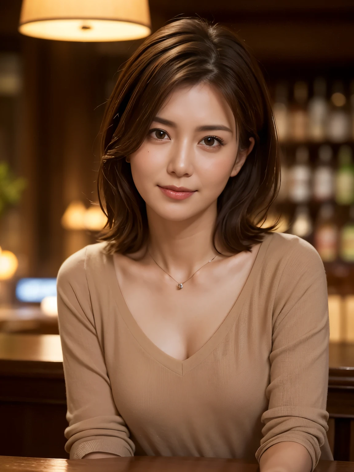 Tabletop, highest quality, Realistic, Very detailed, Fine details, High resolution, 8k wallpaper, 1. Beautiful woman, Wear a casual V-neck shirt, Large Bust, In a great pub, ((View your viewers)), At night, Light brown messy hair, Perfect dynamic composition, Beautiful details
