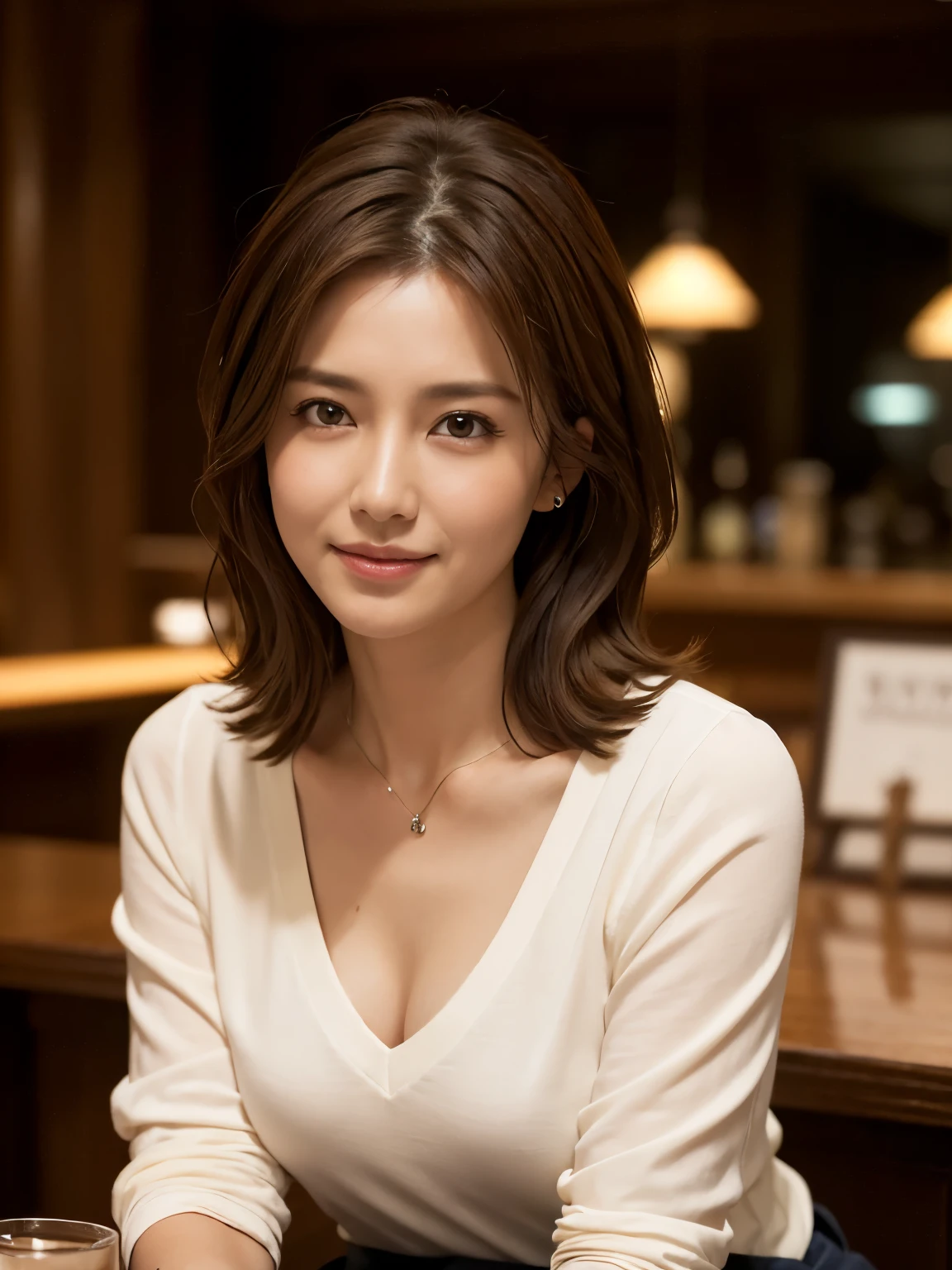 Tabletop, highest quality, Realistic, Very detailed, Fine details, High resolution, 8k wallpaper, 1. Beautiful woman, Wear a casual V-neck shirt, Large Bust, In a great pub, ((View your viewers)), At night, Light brown messy hair, Perfect dynamic composition, Beautiful details