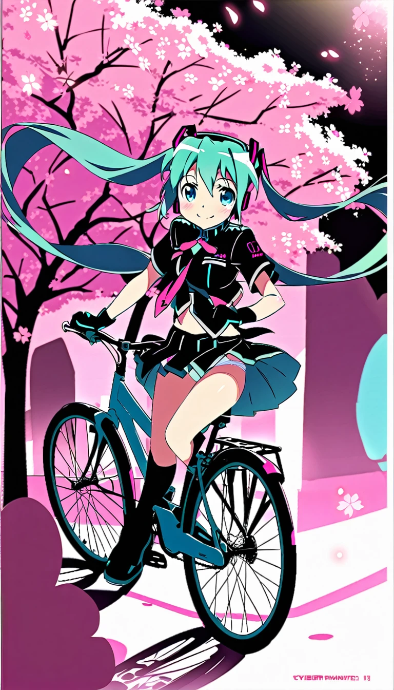 A cute Hatsune Miku is riding her bicycle along the Shimokawa embankment surrounded by cherry blossom trees in her .Cyber uniform, you can see a little bit of cute panties from the skirt,smile