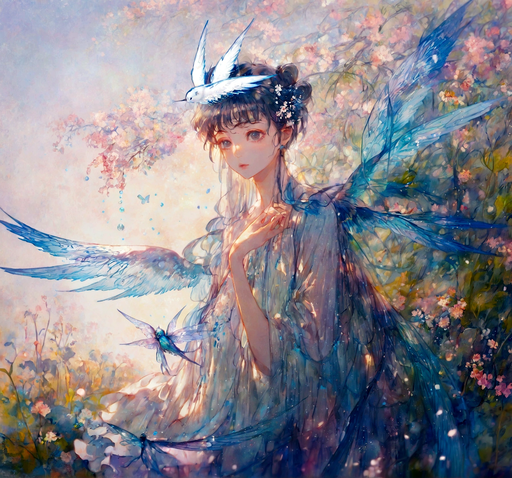 In a flowery glade、Wearing a gorgeous dress with colorful translucent wings、Hall々A beautiful and sensual fairy, Glowworms, (Arkan Nayle:1.4), (Written by William Turner:1.2), (Claude Monet:1.2), (Henry Asensio:1.1), (Edgar Degas:1.1), (Pierre-Auguste Renoir:1.1), (By Gustav Klimt:1.1), (By Alphonse Mucha:1.1), Art Nouveau, Golden Hour, Front lighting, Side lighting, amazing, dramatic, dynamic, Mythical, Legendary, Mysterious, dream-like, movieのような写実的な, 8K UHD Natural Light, born, rich, Intricate details, Key Visual, Atmospheric lighting, 35mm Photography, movie, Bokeh, Professional, 4K, Very detailed