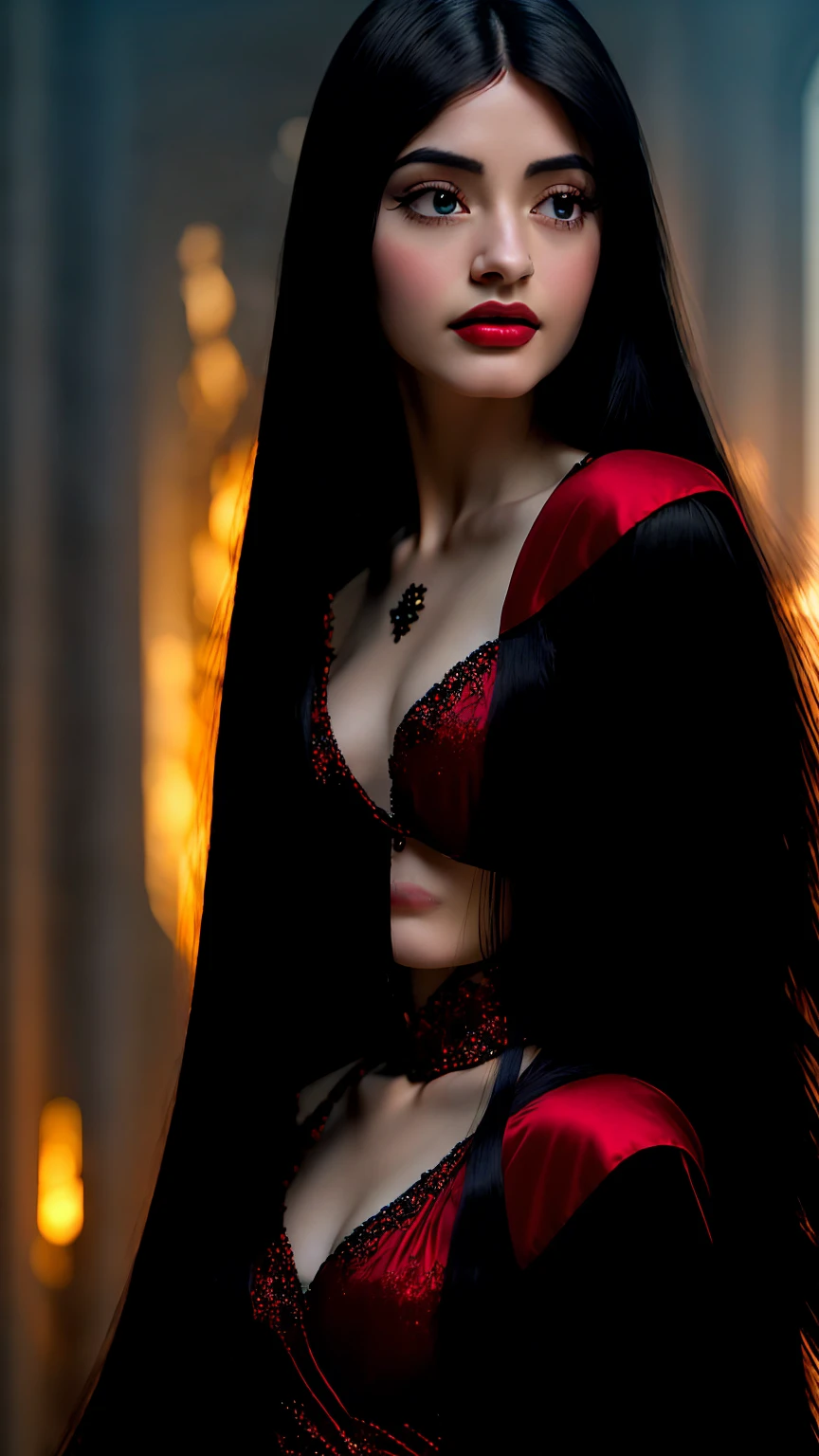 beautiful detailed background, octane render, 8k, best quality, masterpiece, illustration, extremely delicate and beautiful, detailed,extremely detailed,CG,unity,wallpaper,Amazing, fine detail, realistic art: 1.2 ,masterpiece, best quality, official art, extremely detailed CG unity 8k wallpaper,1girl, (((long black straight hair,))), dark knight,red eyes,beautiful face, upper body,(black Armor and red robe,) looking at view, realistic photo,Evil laugh, (hiqcgbody) ,perfect female figure,earring,narrow waist, (looking at view), alluring,prestige,(fire,indoor,ruins)