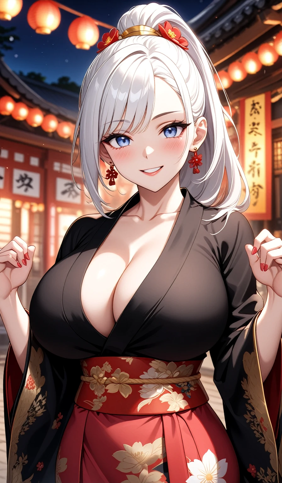 ((one personの女性)), Beautiful Face,Laugh shyly,((Wink:1.7)),Laughing with your mouth open,turn bright red,Glossy pink lips,night,Shrine festival pensives,((Anime style background)),masterpiece, highest quality, so beautiful, Latest, Complex details, (Pink long nails),AI-generated, Complex,High resolution, highest quality, super high quality,3D Images、View your viewers、3D Images,one person,Long white hair,High Ponytail,blue eyes,Anime woman posing for a photo, [[fine grain、Colorful eyes、Shining Eyes:1.15]],(Squint your eyes:1.1),a hyperRealistic , hyperRealistic , Realistic,Anime woman with long and white hair, Smooth anime CG art, A woman in a colorful kimono with gold embroidery, (Black kimono),Red floral pattern,Long flower hair ornament,Big earrings,(Big1),Mature Body,exe,Big Ass,Fine details,Tigwaist,Abdominal muscles,(Face close-up:1.5),Tilt your face,Shooting from an angle,In front of the chest、Hold your hands together,
