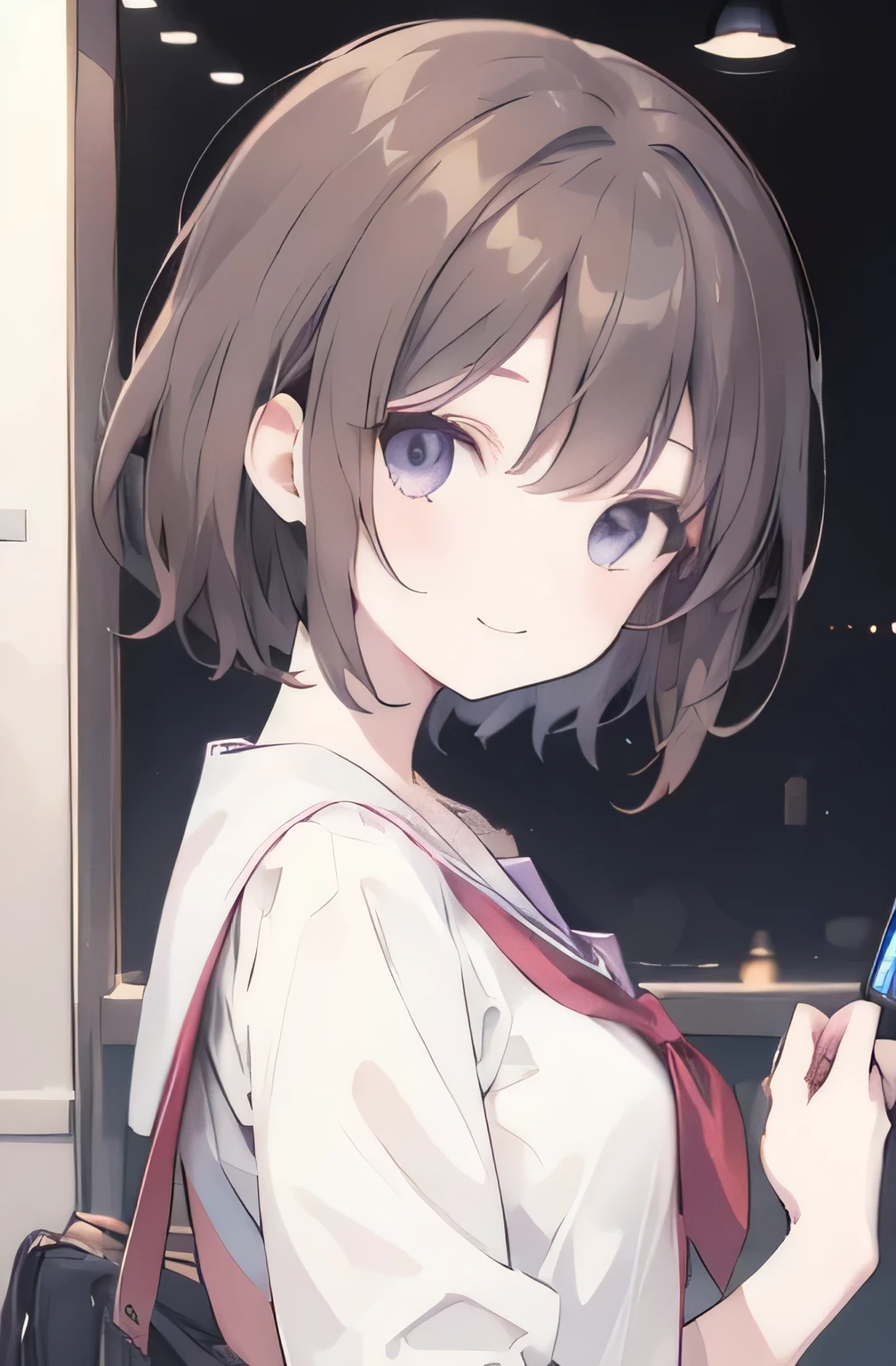 1girl, anime_coloring, black_eyes, brown_hair, short_hair, smile, solo, style_parody,