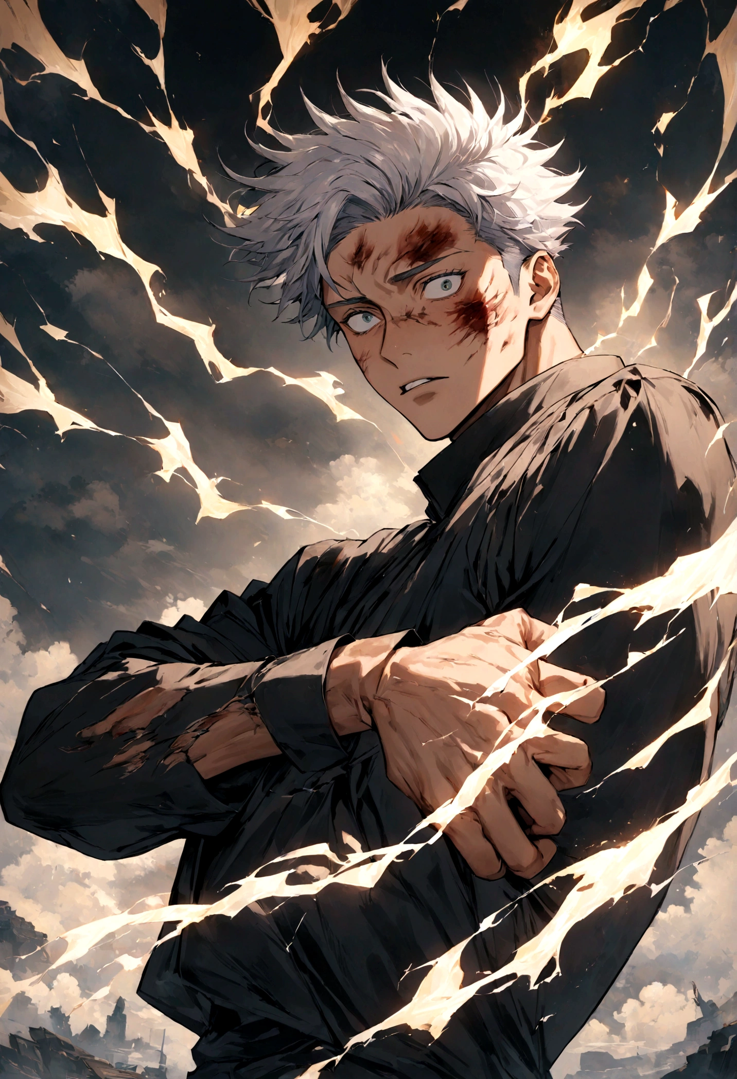 1 boy, Men's Center, Satoru gojou,Jujutsu Kaisen、Injury, electricity,, masterpiece, highest quality, so beautiful,stitch on forehead,