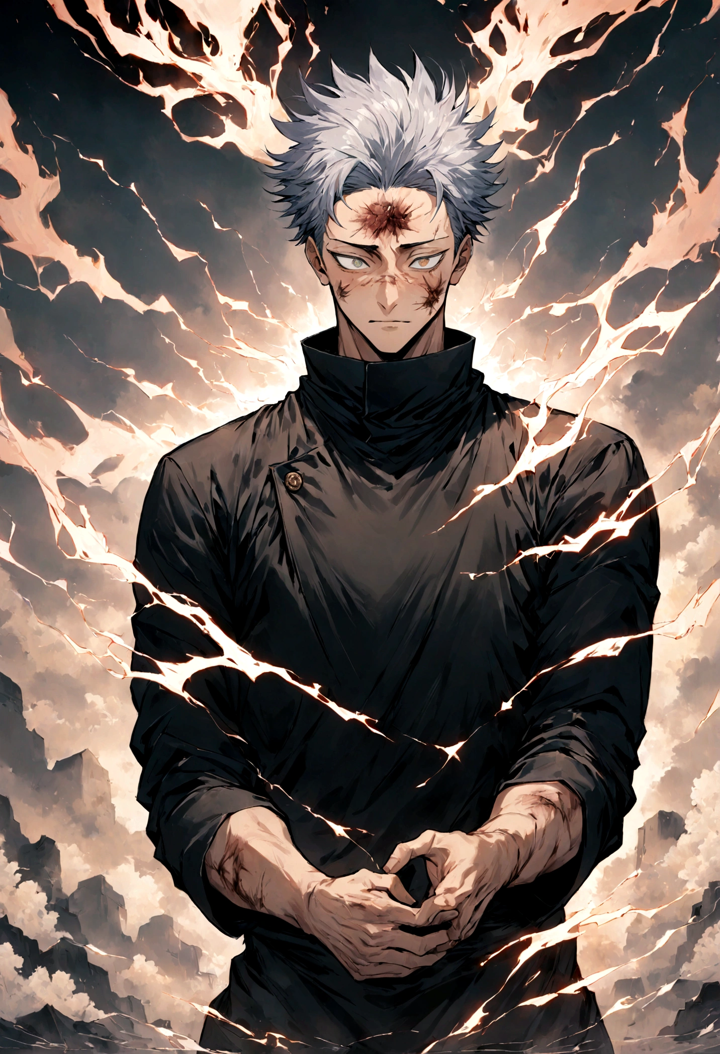 1 boy, Men's Center, Satoru gojou,Jujutsu Kaisen、Injury, electricity,, masterpiece, highest quality, so beautiful,stitch on forehead,