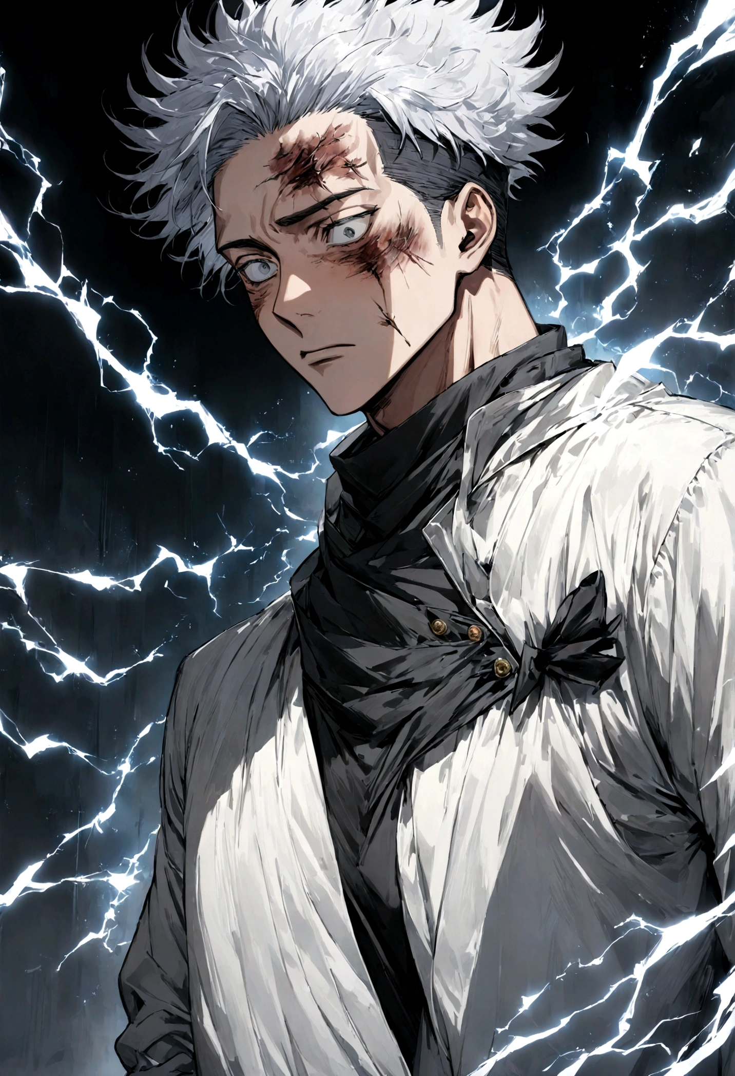 1 boy, Men&#39;s Center, Satoru gojou,Jujutsu Kaisen、Injury, electricity,, masterpiece, highest quality, so beautiful,stitch on forehead,
