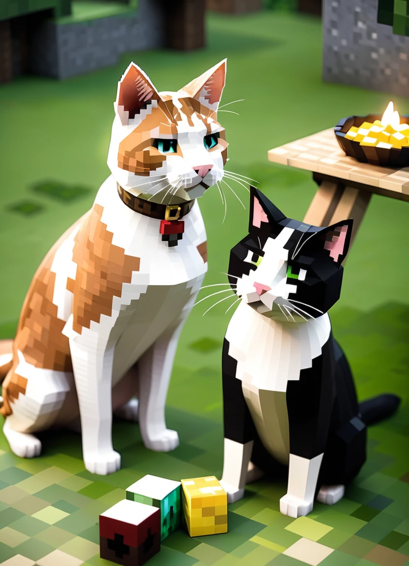 Minecraft-Stil (ultrarealistisch:1.3) zwei Katzen sitzen an einem Tisch mit Essen und Wein, Foto von einem Hamster bei einem Date, Katzenparty, having a Picknick, Cattie - Brie von Mithril Hall, Katzen spielen Poker, wes anderson), Szene aus einer Dinnerparty, 4K high resolution photo, Freunde haben Geburtstag , Picknick, KatzenKatzenKatzen, Katzenfotografie (Provia:1.3),(Close Portrait:1.3),(Feminin:1.4),(Nice:1.4),(Attraktiv:1.3),gutaussehend,Kalenderpose,perfekt detaillierte Augen,Studiobeleuchtung,Thematischer Hintergrund . blockig, verpixelt, leuchtende Farben, erkennbare Charaktere und Objekte, Spielressourcen