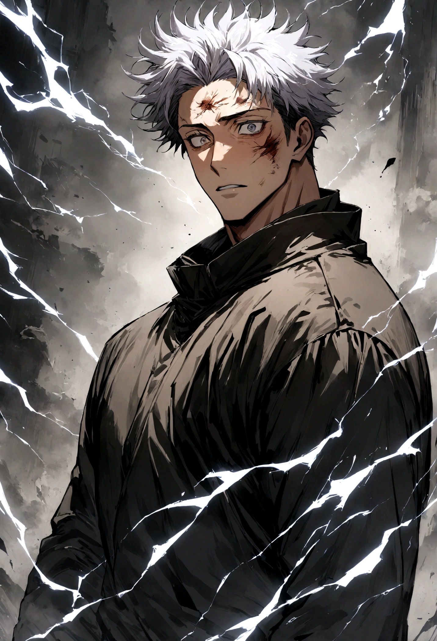 1 boy, Men&#39;s Center, Satoru gojou,Jujutsu Kaisen、Injury, electricity,, masterpiece, highest quality, so beautiful,stitch on forehead