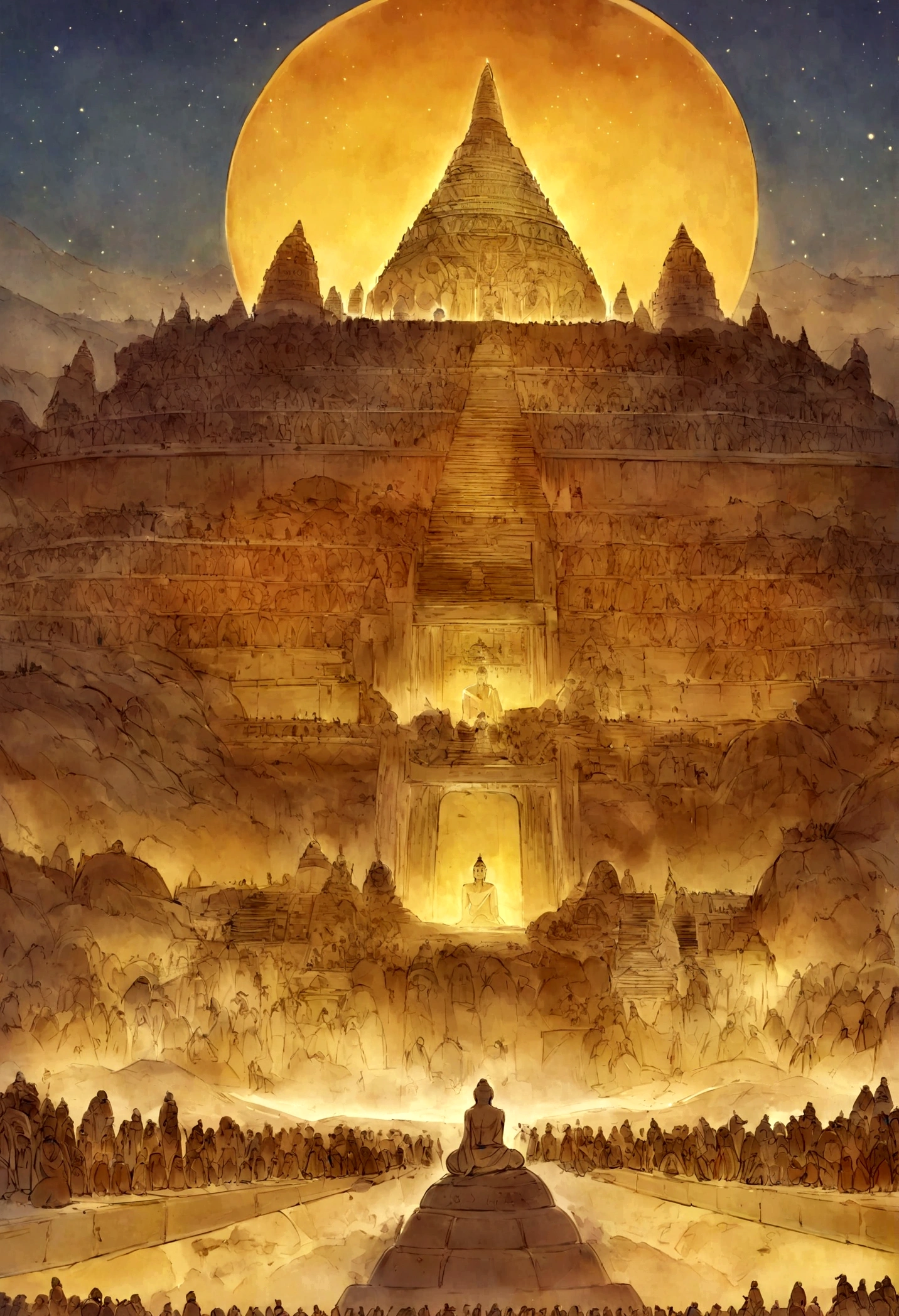 People Listening to Buddha, Magnificent Buddhist temple in the background,Tower of Babel,Ancient India, Mystical temple, monks, glowing temple in distance, , buddhism, A meditative, budista, mystical setting, mysterious temple setting