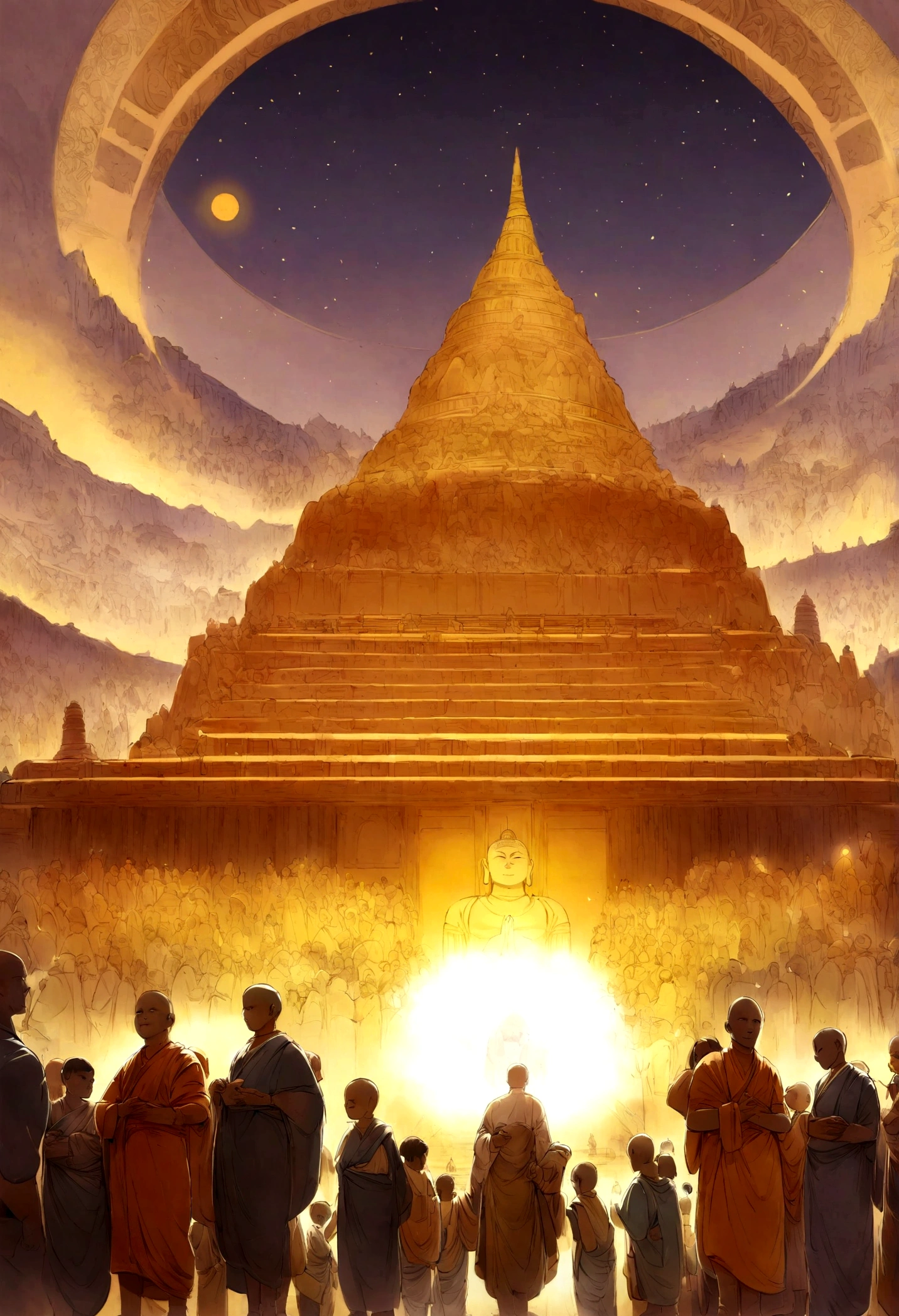 People Listening to Buddha, Magnificent Buddhist temple in the background,Tower of Babel,Ancient India, Mystical temple, monks, glowing temple in distance, , buddhism, A meditative, budista, mystical setting, mysterious temple setting