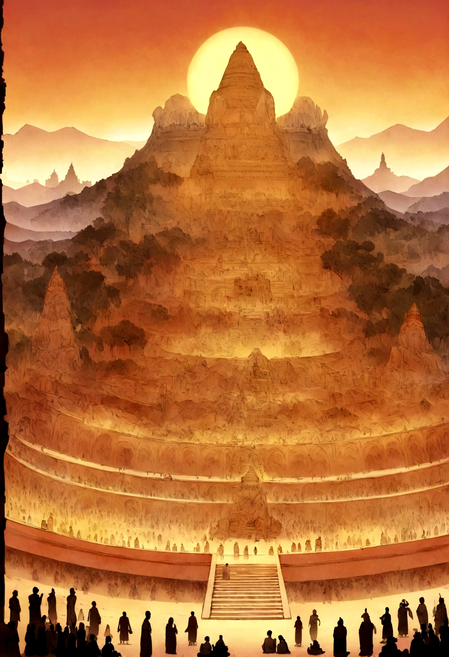 People Listening to Buddha, Magnificent Buddhist temple in the background,Tower of Babel,Ancient India, Mystical temple, monks, glowing temple in distance, , buddhism, A meditative, budista, mystical setting, mysterious temple setting