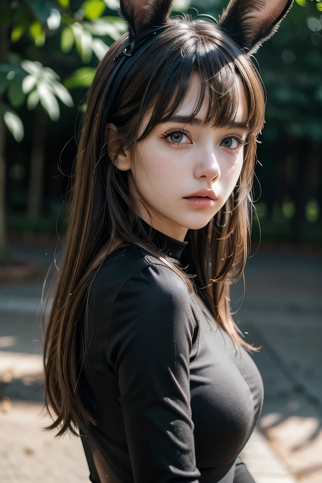 Beautiful young woman with cat ears headband, In the shade, Wearing a black shirt and black shorts, (Large Breasts), (Highest quality,4K,8k,High resolution,masterpiece:1.2),Very detailed,(Realistic,photoRealistic,photo-Realistic:1.37), Complex, Detailed portrait,8k,((masterpiece)), ((Highest quality)), (Very detailed), Attention to detail, Professional photos, Highest quality, Floating Hair, Beautiful details, (((Realistic))), hyper Realistic character,Natural light ,Beautiful details eyes,One person, alone,Blunt bangs, Realistic, ((Forward bending)) ,Side Angle