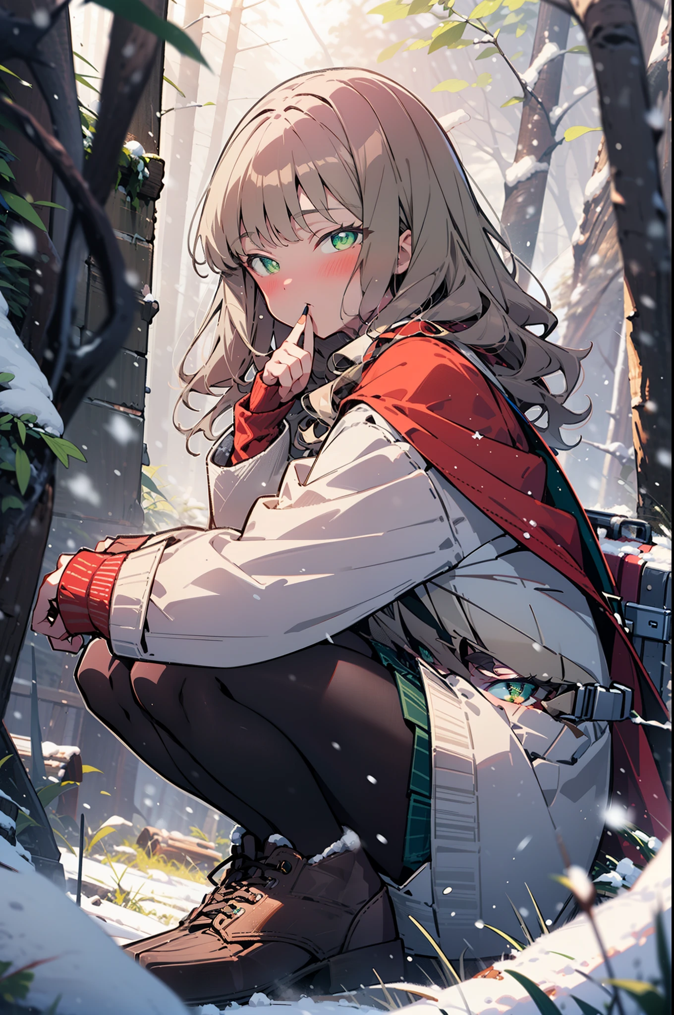 minami yume ,sss Dynazenon ,Long Hair, Brown Hair, (Green Eyes:1.5) ,blush,White Breath,
Open your mouth,snow,Ground bonfire, Outdoor, boots, snowing, From the side, wood, suitcase, Cape, Blurred, forest, White handbag, nature,  Squat, Mouth closed, Cape, winter, Written boundary depth, Black shoes, red Cape break looking at viewer, Upper Body, whole body, break Outdoor, forest, nature, break (masterpiece:1.2), highest quality, High resolution, unity 8k wallpaper, (shape:0.8), (Beautiful and beautiful eyes:1.6), Highly detailed face, Perfect lighting, Extremely detailed CG, (Perfect hands, Perfect Anatomy),