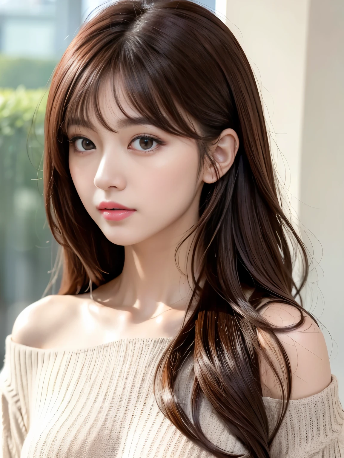 Ultra High Definition, Superior Quality, Premier Quality, ultra detailed, Photorealistic, 8k, RAW Photos, highest quality, masterpiece, Young asian woman with long brown hair wearing a white knit, beautiful young korean woman, gorgeous young korean woman, Stylish Korean Models, Sophisticated Korean Idol, neat hair with bangs, portrait of female korean idol, tzuyu from twice, brown hair with bangs, wavy shoulder-length hair, brown hair and bangs, 
