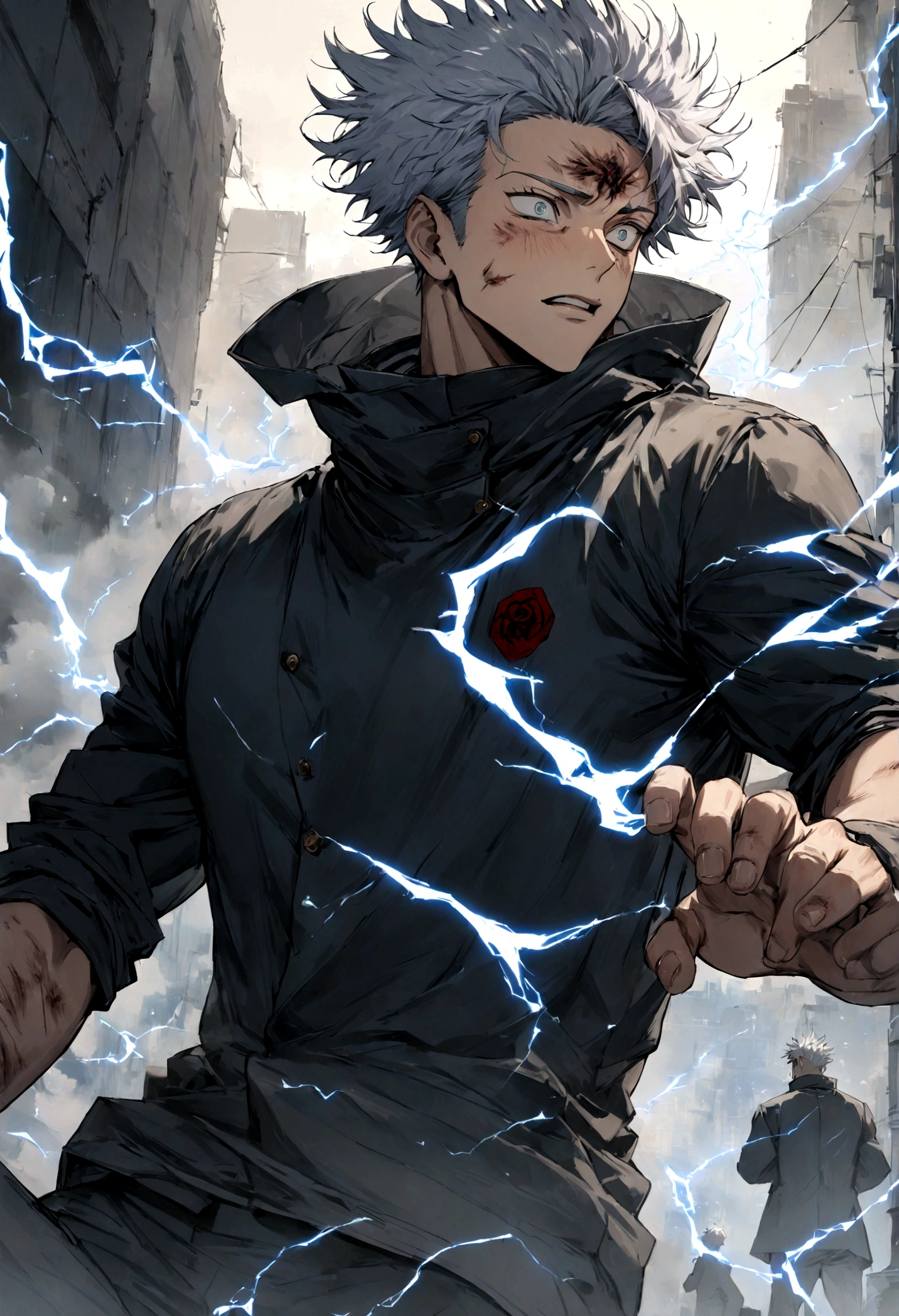1 boy, Men's Center, Satoru gojou,Jujutsu Kaisen、Injury, electricity,, masterpiece, highest quality, so beautiful,stitch on forehead