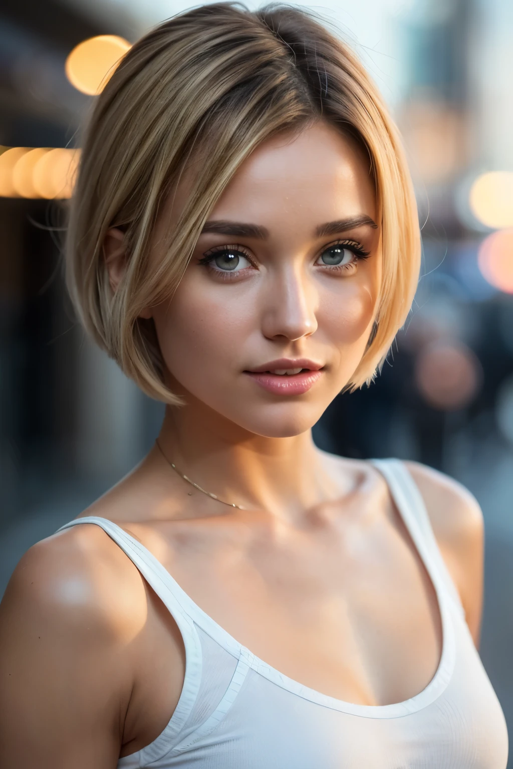 (realistic, photo-realistic:1.37),(8k, RAW photo, best quality, masterpiece:1.2), cute Hayden Panettiere, ultra-detailed, heart-shaped pupils, physically-based rendering, ultra high res, kodakvision color, shot on Arricam LT Camera, bokeh, sharp focus, looking at viewer, photorealistic, realistic, best quality, extremely detailed face, extremely detailed eyes and face, beautiful detailed eyes, absurdres, incredibly absurdres, short lycra bodycon dress, perfect female body, fit body, slender, sexy expression, biting lip, gorgeous hair, short short (bob haircut:1.2), blonde