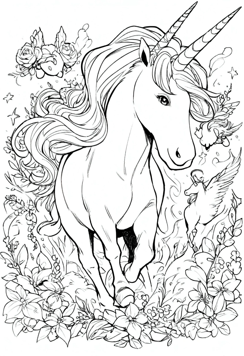 unicorns ,coloring page for kids, no color, white background