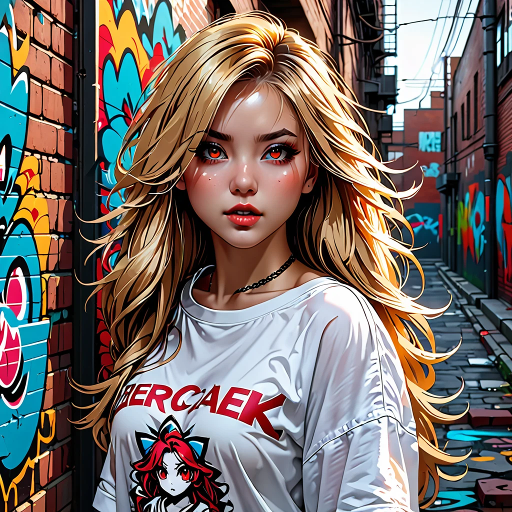 ultra realistic 8k cg, masterpiece, ((ultra detailed background, delicate pattern, intricate detail)), best quality, intricate details, chromatic aberration, 1girl, long hair, golden hair, messy hair, red highlights, hair over one eye, sharp eyes, choker, brick wall, graffiti, dim lighting, alley, oversized shirt,off shoulder, see through white shirt, Masterpiece, best quality