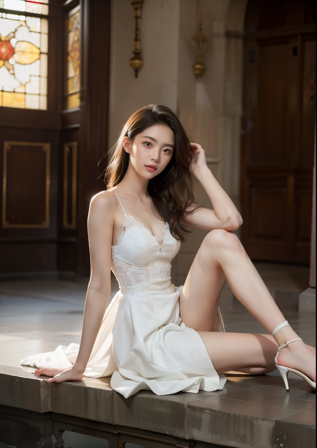Beautiful 25 year old tall and slender woman。perfect legs. perfect face. She is fashion model. She is staying in the old classic church. She is wearing a wedding dress that a leg is visible. She is illuminated by sunset light. the evening church lights is on . her dark brawn hair. High resolution、masterpiece、highest quality、頭w:1.0、((Hasselblad Photos))、fine skin、(movie lighting)、clavicle . full body picture.