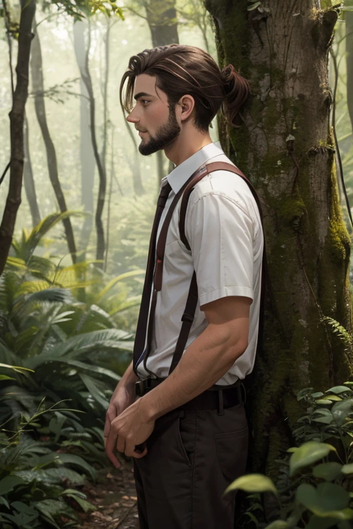 Adolescent avec un peu de barbe, brown hair tied back. Il est dans la forêt et porte des habits de voyage moyen-âge