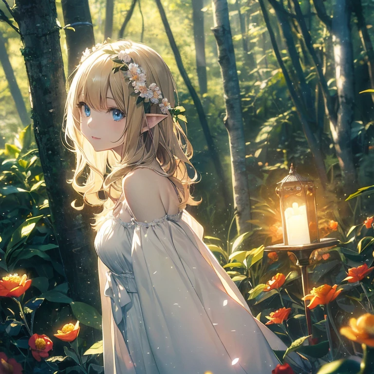 (8k), (masterpiece), (best quality), (super details), (award winning), (game illustration), (greeting face), lens flare, glowing light, woman in a noble dress standing in the woods with flower, modeling shoot, beautiful girl, elf girl, (beautiful face:0.8), slender blonde girl, pale skin curly blond hair, (off shoulder), (small breast)