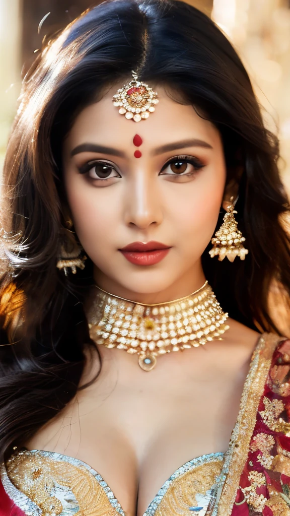 a woman in a sari posing for a picture, Bollywood goddess, traditional beauty, beautiful goddess, ornate cosplay, super model, beautiful maiden, gorgeous woman, provocative gorgeous beautiful woman, intricate outfit, hindu aesthetic, beautiful girl, extremely detailed goddess shot, jaw-dropping beauty, gorgeous face eyes nose lips body, big boobs deep cleavage sexy navel big hips, chubby girl, uhd 8K highest resolution highest quality, shiny skin, highly detailed, hyper realistic, thick girl, plus size model 