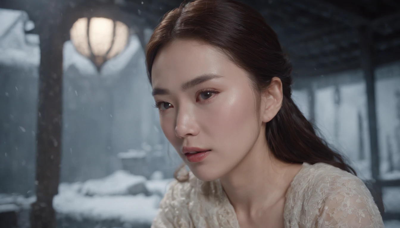 A stunningly beautiful Chinese woman in a frozen laboratory chamber of Unit 731 in Harbin, Manchuria, China in 1941, her body encased in thick, rigid ice, lying down with tears in her eyes but shivering in fear, mouth agape, (best quality,4k,8k,highres,masterpiece:1.2),ultra-detailed,(realistic,photorealistic,photo-realistic:1.37),HDR,UHD,studio lighting,ultra-fine painting,sharp focus,physically-based rendering,extreme detail description,professional,vivid colors,bokeh,horror,photography