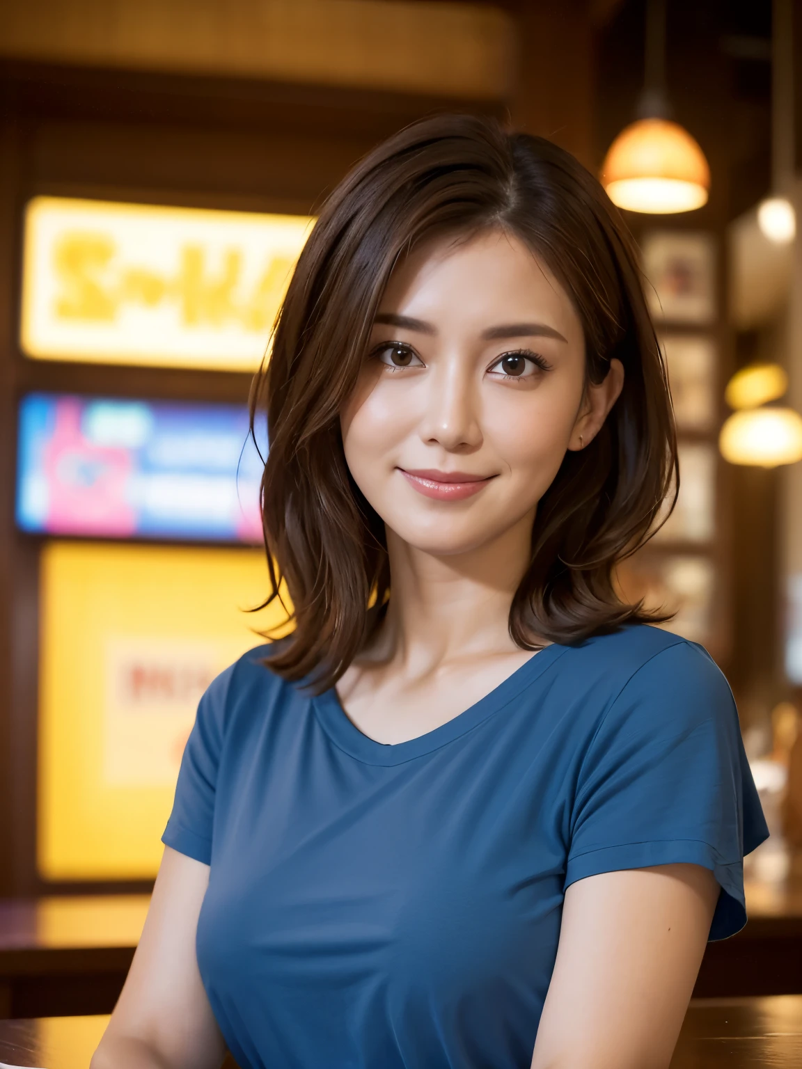 Tabletop, highest quality, Realistic, Very detailed, Fine details, High resolution, 8k wallpaper, 1. Beautiful woman, Wear a brightly colored casual t-shirt, Large Bust, In a great pub, ((View your viewers)), At night, Light brown messy hair, Perfect dynamic composition, Beautiful details