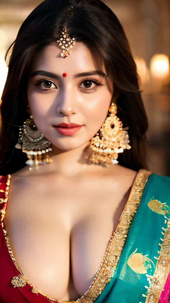 a woman in a sari posing for a picture, Bollywood goddess, traditional beauty, beautiful goddess, ornate cosplay, super model, beautiful maiden, gorgeous woman, provocative gorgeous beautiful woman, intricate outfit, hindu aesthetic, beautiful girl, extremely detailed goddess shot, jaw-dropping beauty, gorgeous face eyes nose lips body, big boobs deep cleavage sexy navel big hips, chubby girl, uhd 8K highest resolution highest quality, shiny skin, highly detailed, hyper realistic, thick girl, plus size model 