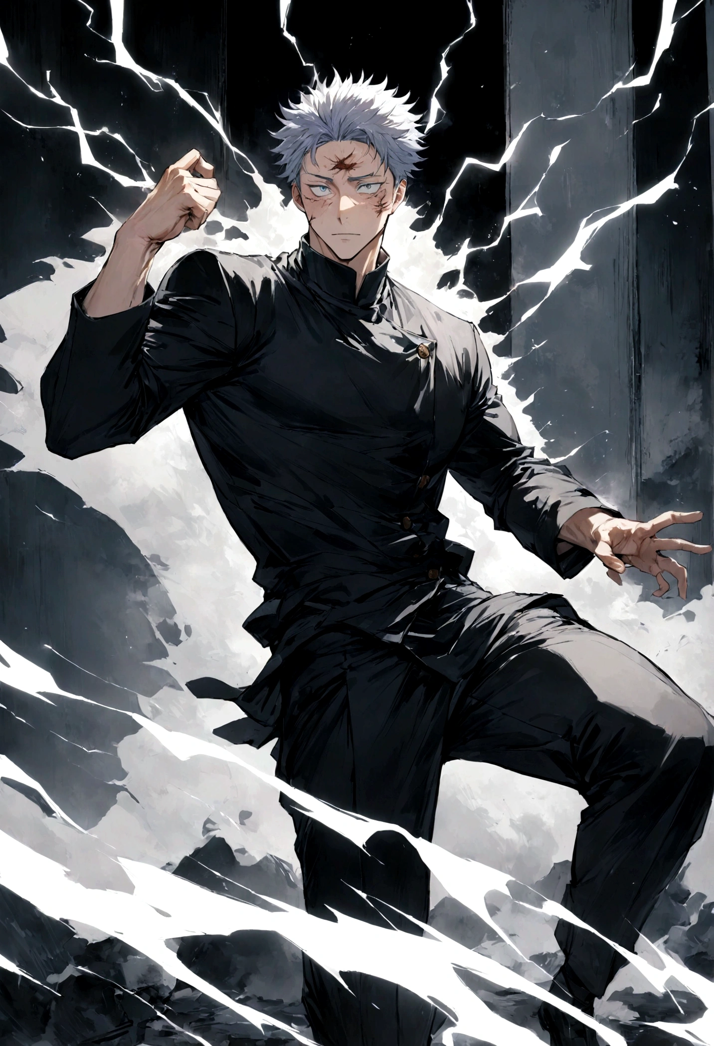 1 boy, Men's Center, Satoru gojou,Jujutsu Kaisen、Injury, electricity,, masterpiece, highest quality, so beautiful,stitch on forehead、cool、、strongest、