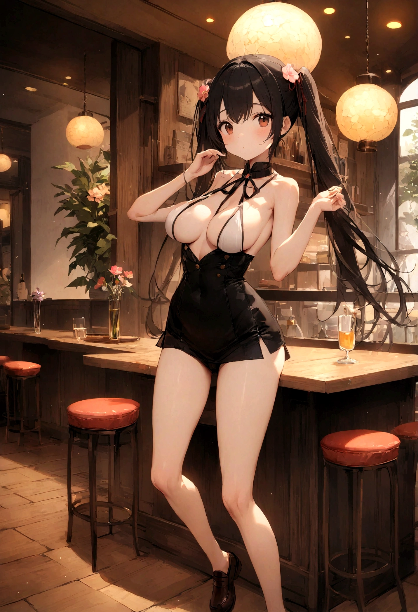 (high resolution、high quality、4k、8k)、Cute Woman、round face、Beautiful clavicle、Beautiful boobs、C cup breasts、Narrow waist、Long legs、Slender legs、Tight waist、Long hands、Whitefish fingers、Black hair twin tails、Flower Hair Tie、(Stand collar、ribbon、Brown double button mini dress、ribbon結びのウエストひも、loafers、restaurant