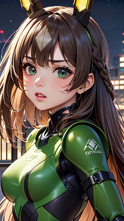 A girl is posing for a photo,pretty girl,Enchanting girl,Anime Girls,
(((One Girl,Baby Face,************))),

Satono Diamond、(((Dark green cyber suit:1.4),(Dark green large headgear:1.4),Green headband)), ((cyborg、Robot Girl:1.4、rifle))、
(Hair blowing in the wind、Very long hair),(Small breasts),
BREAK 

(Beautiful Hair,Shiny Hair),
(Expression of fine eyes,Beautiful and delicate eyes,Sparkling eyes,Eye Reflexes),
(double eyelid,Long eyelashes),
(Beautiful Nose,Thin Nose),
(Glossy lips,Beautiful Lips,Thick lips),
(Symmetrical facial features,Perfect Face),(((Detailed skin,Oily skin,Textured skin,Beautiful Skin))),
break 

(Serious expression、Glaring),
 ((night、SF World、Ruined City:1.4, ruins:1.4)),((Fighting Pose:1.4、front view、Upper Body Shot:1.4)),
break 

(((highest quality)),((masterpiece)),((Very detailed))),((High resolution),(8k),(16k,1080p),(Anime 2D Rendering)),(Anatomically correct),
((Realistic)), (The best CG),Highly detailed art,CG illustration,
