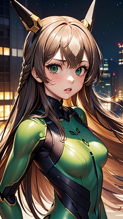 A girl is posing for a photo,pretty girl,Enchanting girl,Anime Girls,
(((One Girl,16 years ono Diamond、(((Dark green cyber suit:1.4),(Dark green large headgear:1.4),Green headband)), ((cyborg、Robot Girl:1.4、rifle))、
(Hair blowing in the wind、Very long hair),(Small breasts),
BREAK 

(Beautiful Hair,Shiny Hair),
(Expression of fine eyes,Beautiful and delicate eyes,Sparkling eyes,Eye Reflexes),
(double eyelid,Long eyelashes),
(Beautiful Nose,Thin Nose),
(Glossy lips,Beautiful Lips,Thick lips),
(Symmetrical facial features,Perfect Face),(((Detailed skin,Oily skin,Textured skin,Beautiful Skin))),
break 

(Serious expression、Glaring),
 ((night、SF World、Ruined City:1.4, ruins:1.4)),((Fighting Pose:1.4、front view、Upper Body Shot:1.4)),
break 

(((highest quality)),((masterpiece)),((Very detailed))),((High resolution),(8k),(16k,1080p),(Anime 2D Rendering)),(Anatomically correct),
((Realistic)), (The best CG),Highly detailed art,CG illustration,
