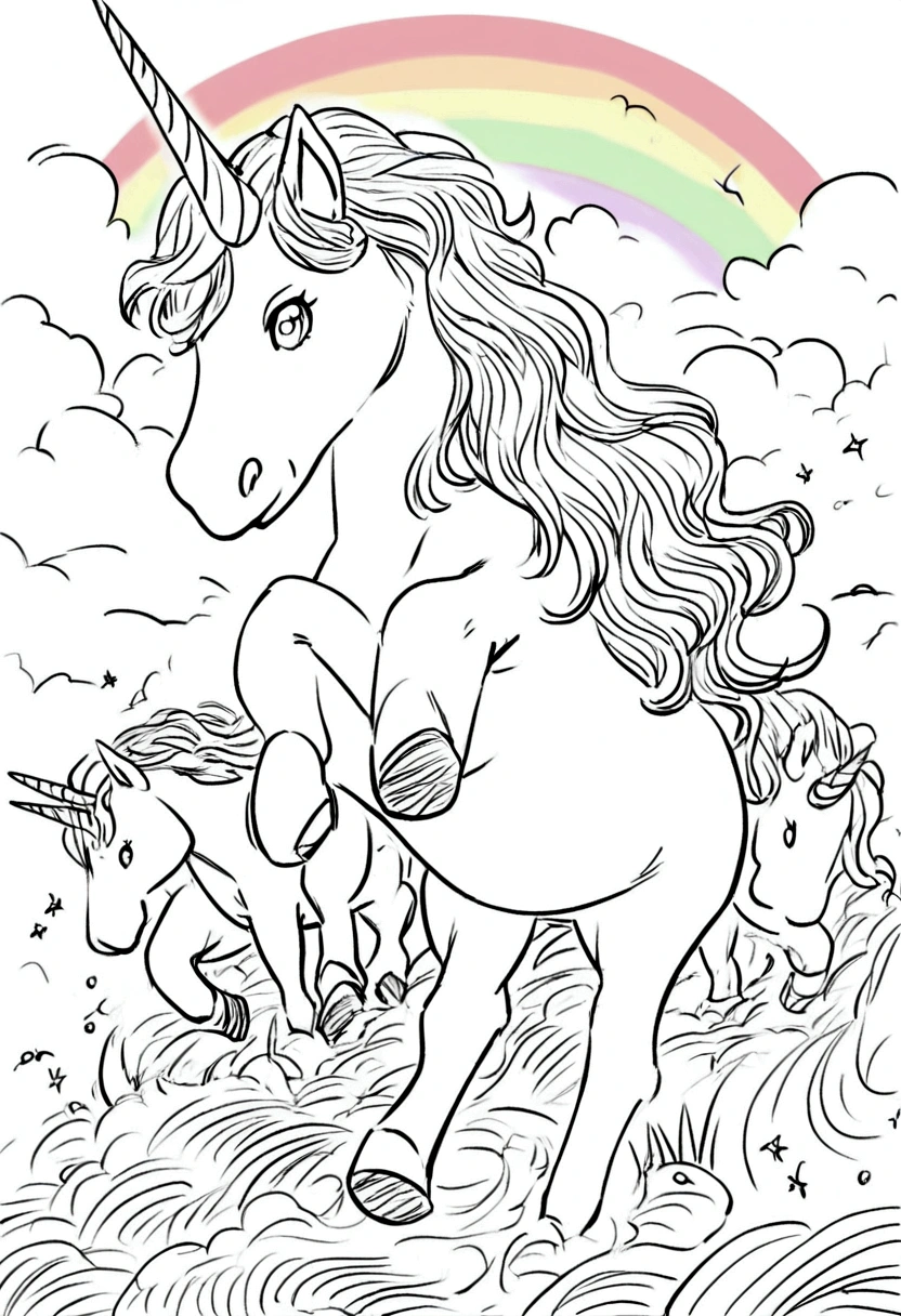 different unicorns surrounded by rainbows, coloring page for kids, no color, white background