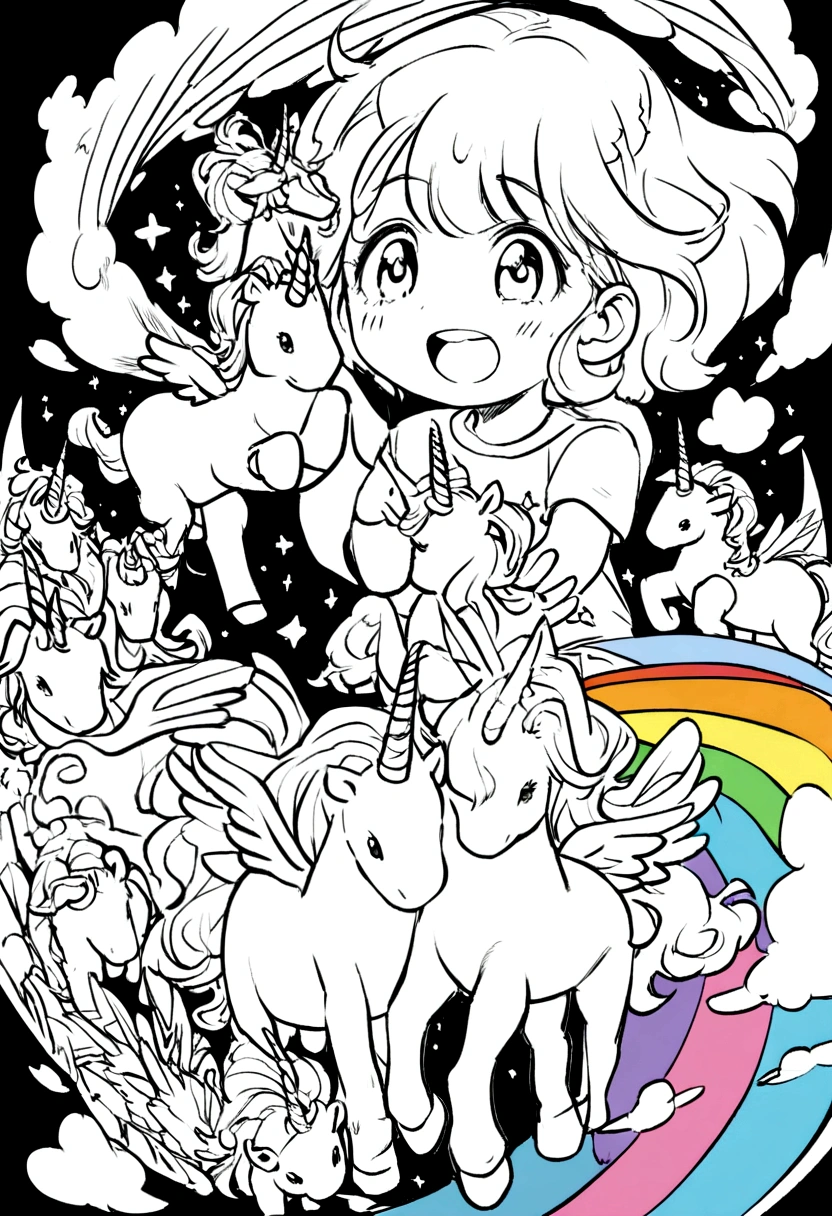 different unicorns surrounded by rainbows, coloring page for kids, no color, white background