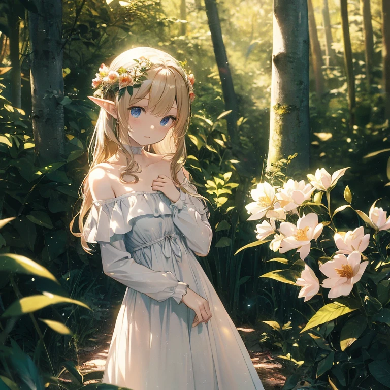 (8k), (masterpiece), (best quality), (super details), (award winning), (game illustration), (greeting face), lens flare, glowing light, woman in a noble dress standing in the woods with flower, modeling shoot, beautiful girl, elf girl, (beautiful face:0.8), slender blonde girl, pale skin curly blond hair, (off shoulder), (small breast)