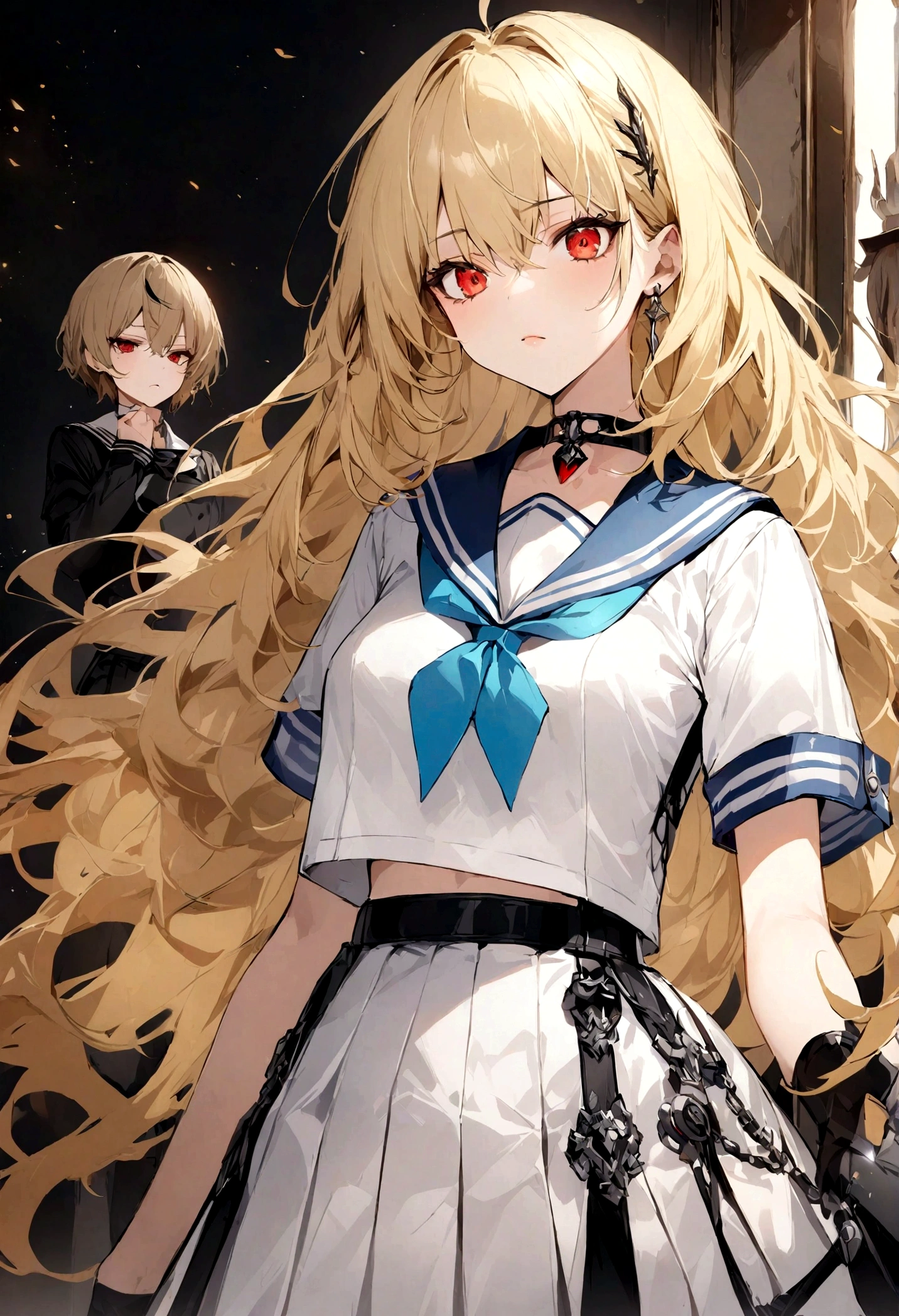 Blonde long hair high school girl、Red eyes、Sailor suit、Punish the moon