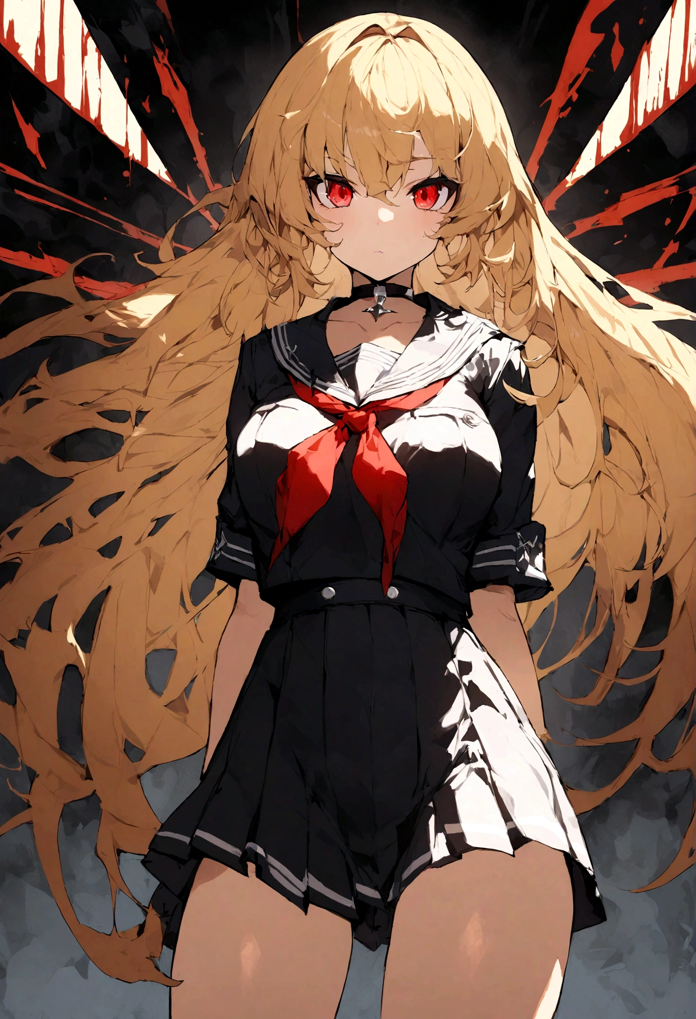 ((highest quality))、((8K))、((High resolution))、((masterpiece))、((Super detailed))、(One )、((Looking at the camera from the front))、((Photo from above the knees))、((Are standing))、golden hair shining golden、Red eyes that shine like jewels、beautiful and smooth long hair、big, Strong eyes、A triumphant smile、((Perfect and beautiful fingertips))、(Deep dark color school swimsuit)、Gothic Lolita with a noble atmosphere、(black stockings)、floating、moonlight、moonlight、Western cityscape、fluttering hair、Bewitching atmosphere