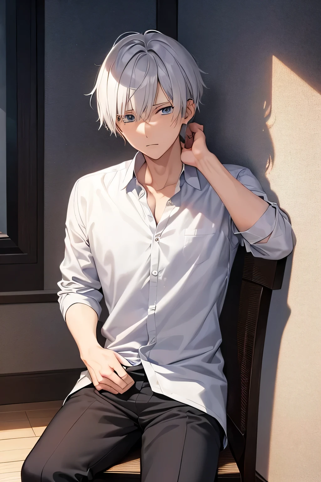 (estilo anime manhua manhwa)A boy with medium white hair above the shoulder tied to a wooden chair with his hands tied while in a dark room alone with nothing manhwa art style