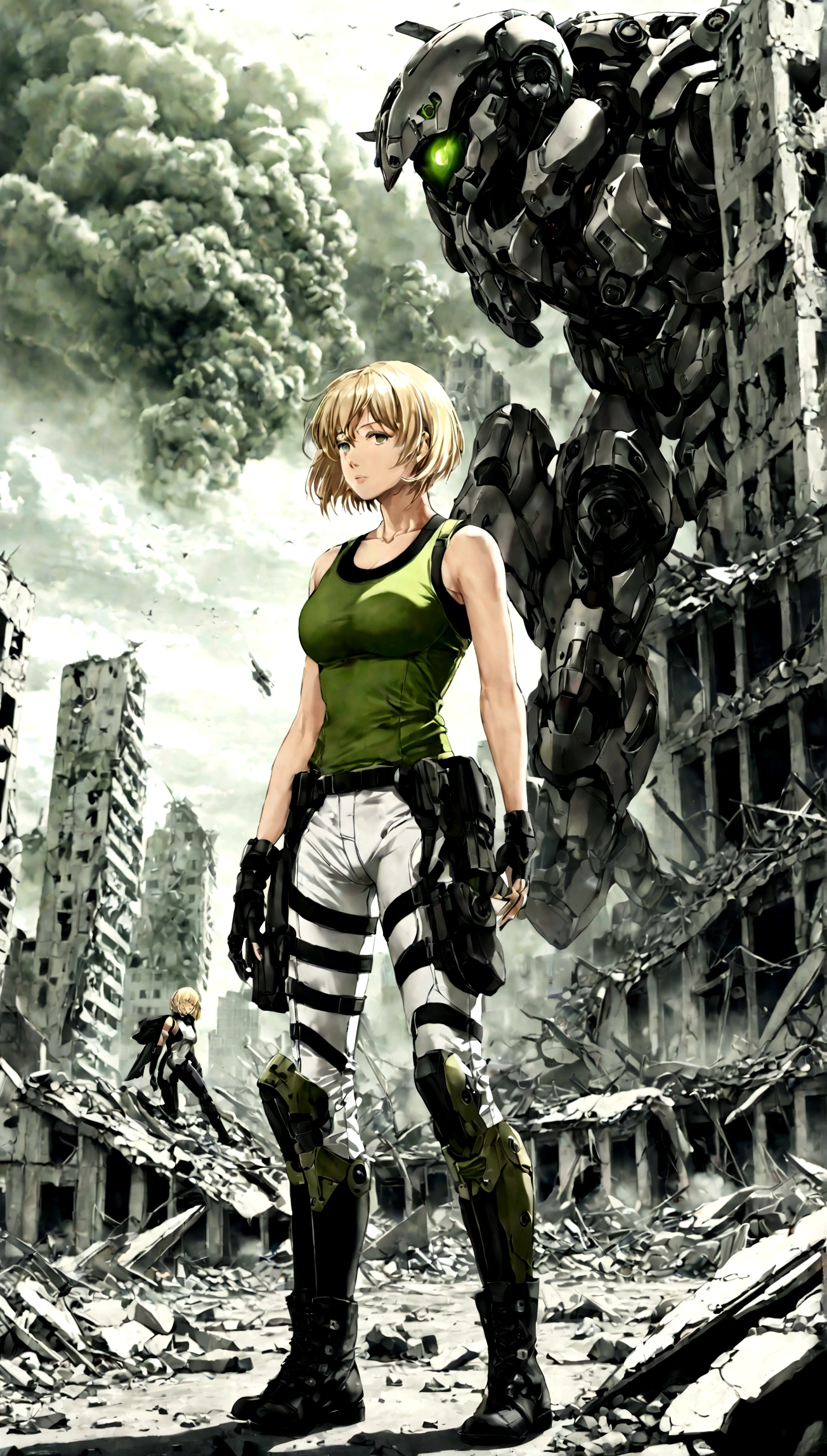realistic, futuristic sci-fi, Deunan Knute from Appleseed, standing with a cyborg behind her, wearing a green tank top and black and white military pants (black and white camouflage), military high boots, a light wind blows her very short blonde hair, destroyed ruins of futuristic city in background