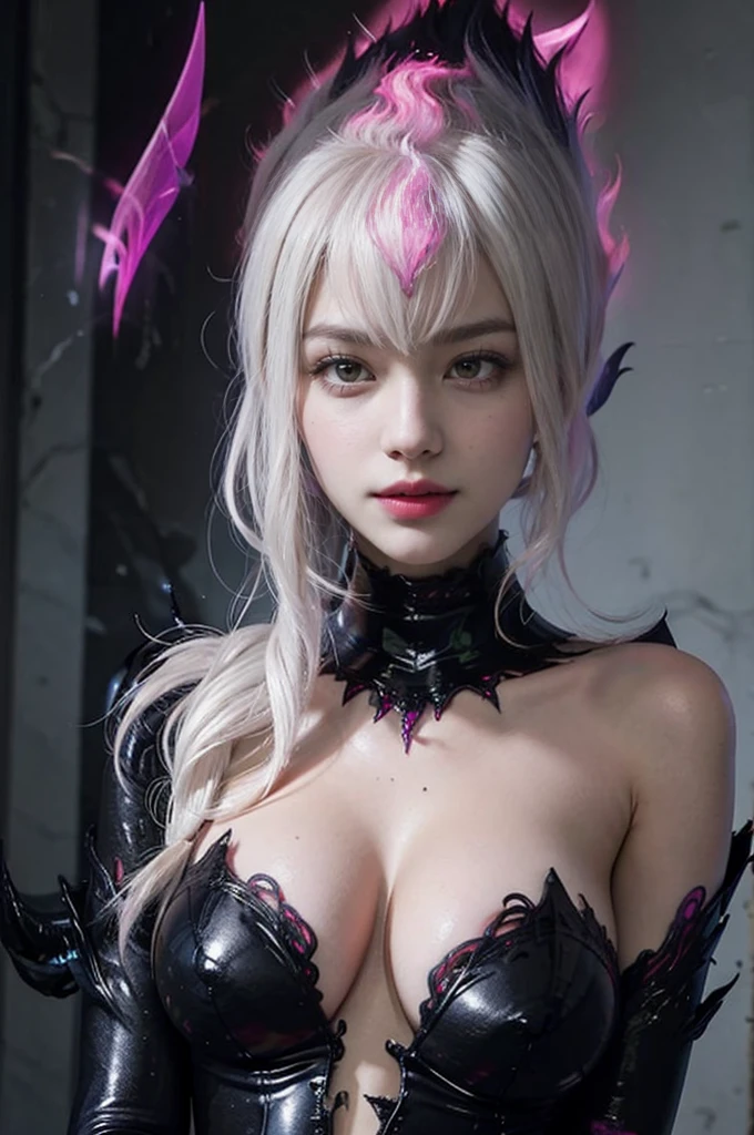 best quality, masterpiece, extremely detailed, anime, Evelynn_Default, slit_pupils, glowing_eyes, black_sclera, white_hair, smug face, all body,  out