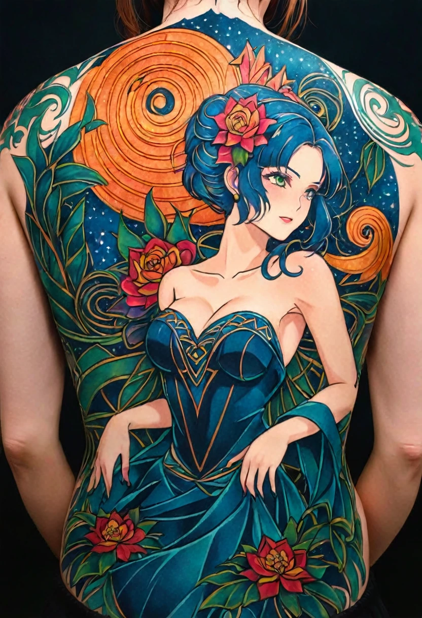 Back Tattoo, curvy woman with art deco pattern tattooed on back and shoulders, dynamic, gorgeous back tattoo, intricate, in style of art deco, fairy lights, glowing, sparkly, deep art deco colors, amazing details, deep intense colors, macabre, dynamic, hyperdetailed, insanely intricate, meticulous, fantastical, Inspired by "Shizuka Nanakusa" from "Yofukashi no uta" de Kotoyama, Kotyama art style, 16k hyperintricately detailed Celtic tattoos, precise lines, smooth, sharp focus, cinematic lighting, atmospheric, photoreal, Canon EF 200-400mm f/4L IS USM Extender 1. 4x Lens, stan Winston studio