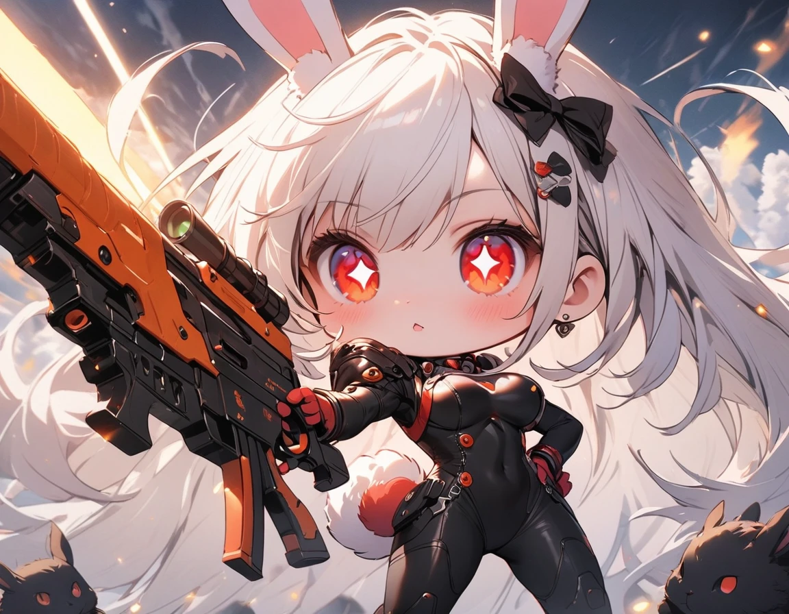 1 woman\((chibi:1.8),Cute,kawaii,Small ,(White hair:1.7),(Very long hair:1.7),bang,(ear\(fluffy white rabbit-ear\):1.3),(only 1 small bunny tail on hip:1.2),(Red eye),big eye,beautiful sparkling eyes,Skin color white,big hair bow,(Suit\(боевой Suit,Body,(very tight:1.5),(show body line:1.2),weapon\)),breast,shoot and aim a laser gun at a giant cat monster,dynamic action\), BREAK ,Background\(City of ruins,giant cats destroy the city\),(woman close up), BREAK ,quality\(8K,wallpaper с чрезвычайно детализированной компьютерной графикой, masterpiece,a high resolution,top-quality,top-quality real texture skin,Hyperrealistic,increase resolution,RAW-фотографии,лучшее quality,very detailed,wallpaper,Golden ratio\),dynamic angle