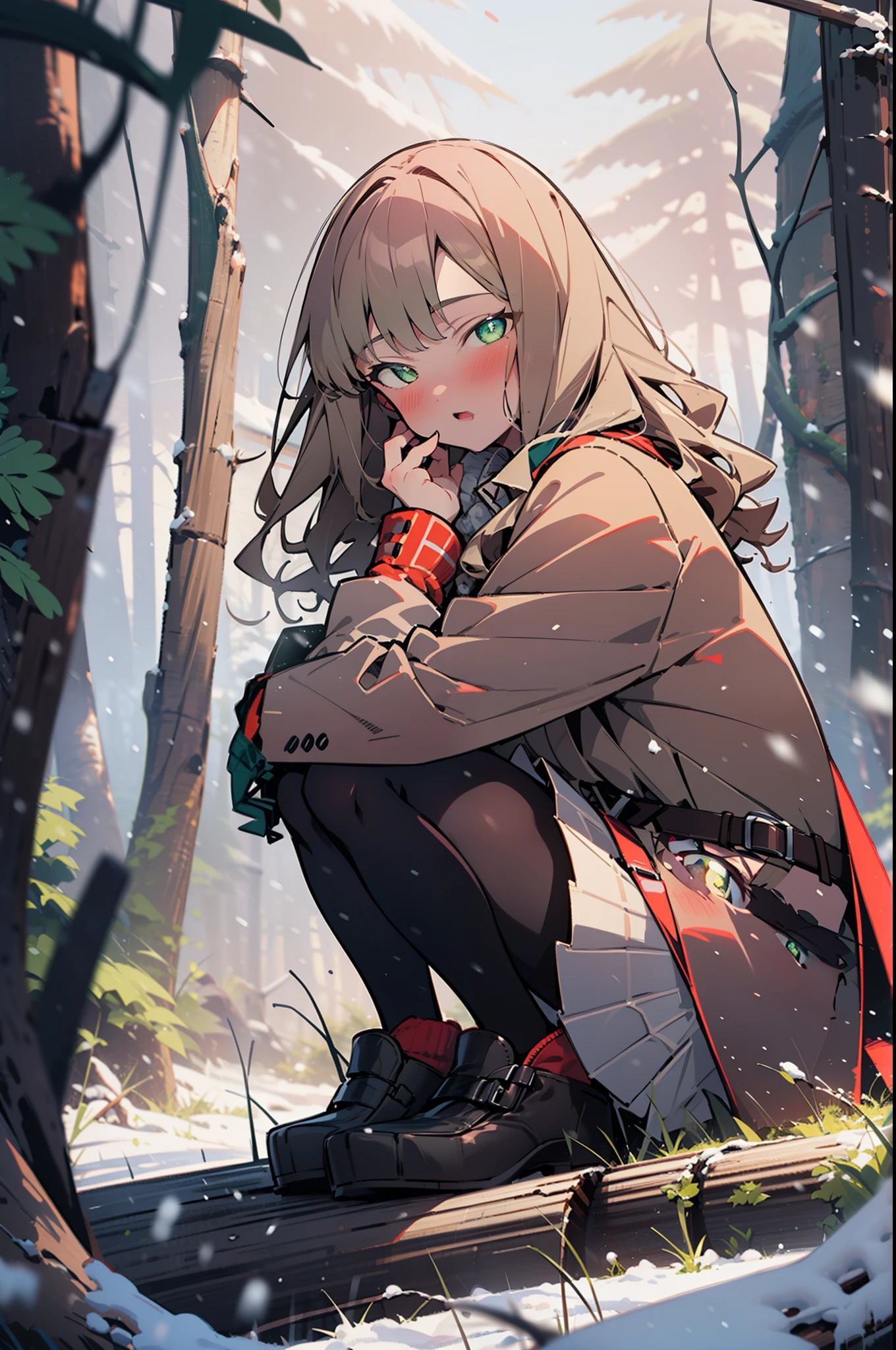 minami yume ,sss Dynazenon ,Long Hair, Brown Hair, (Green Eyes:1.5) ,blush,White Breath,
Open your mouth,snow,Ground bonfire, Outdoor, boots, snowing, From the side, wood, suitcase, Cape, Blurred, forest, White handbag, nature,  Squat, Mouth closed, Cape, winter, Written boundary depth, Black shoes, red Cape break looking at viewer, Upper Body, whole body, break Outdoor, forest, nature, break (masterpiece:1.2), highest quality, High resolution, unity 8k wallpaper, (shape:0.8), (Beautiful and beautiful eyes:1.6), Highly detailed face, Perfect lighting, Extremely detailed CG, (Perfect hands, Perfect Anatomy),